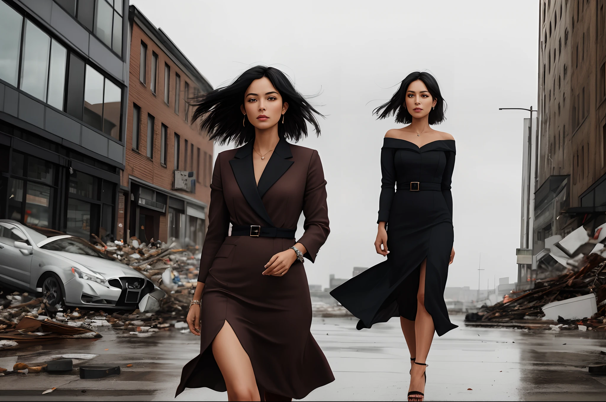 An urban adult female with a messy bob in layers of long, silky black hair, warm brown eyes reflecting compassion and kindness. His assured demeanor and graceful figure exude elegance in the face of an impressive urban setting. Dressed in a sophisticated dark brown office frock and gladiator heels, She remains resolute in the face of an apocalyptic wind and the weather. The photorealistic image captures his captivating presence amid the chaos, and the bright eyes draw viewers into the compelling visual narrative of strength and determination.