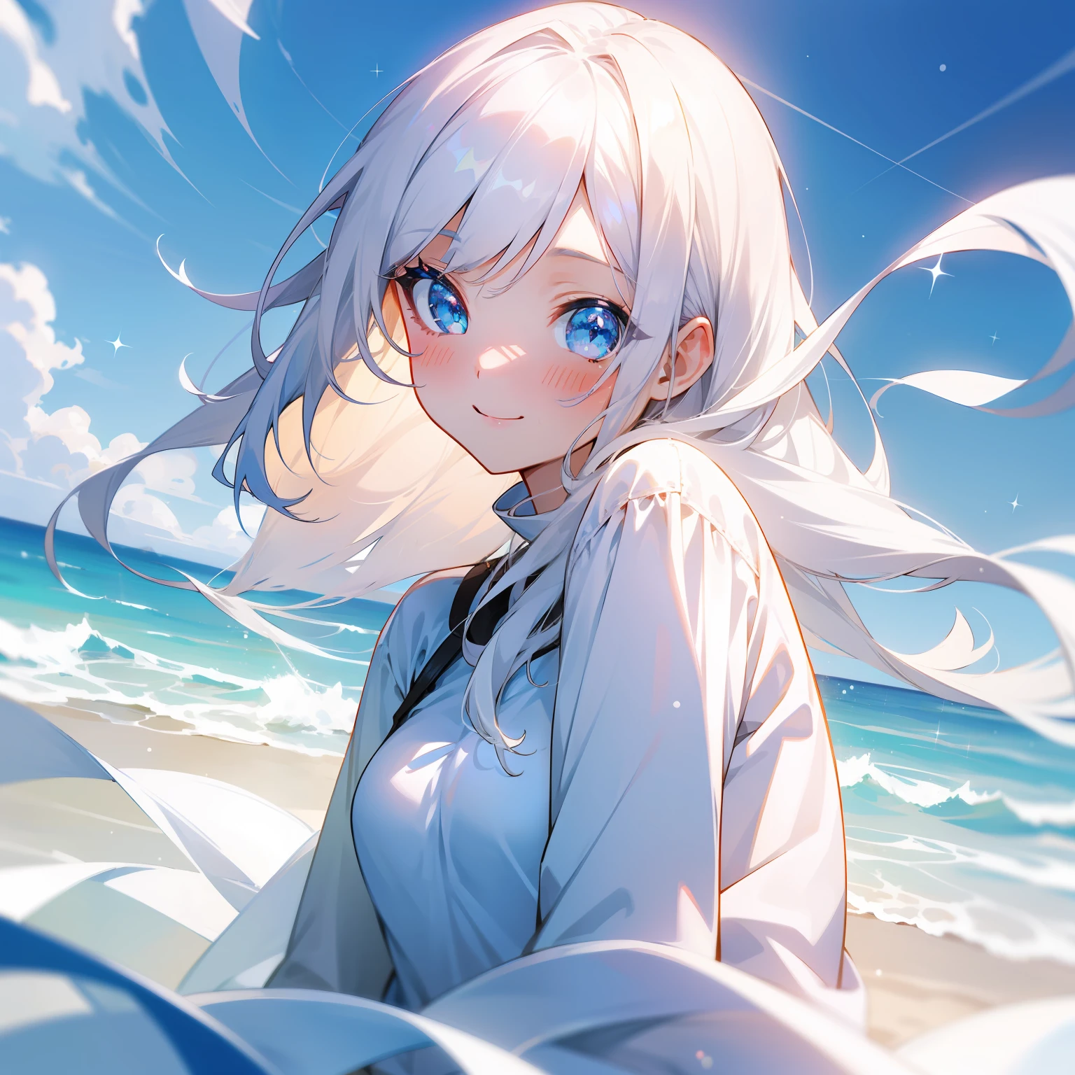 Cute Girl, Beautiful Girl,Happy Smiles,White shirt,White Hair,Long Hair,Blushing, Sparkling Eyes,Blue Eyes,Beautiful scenery