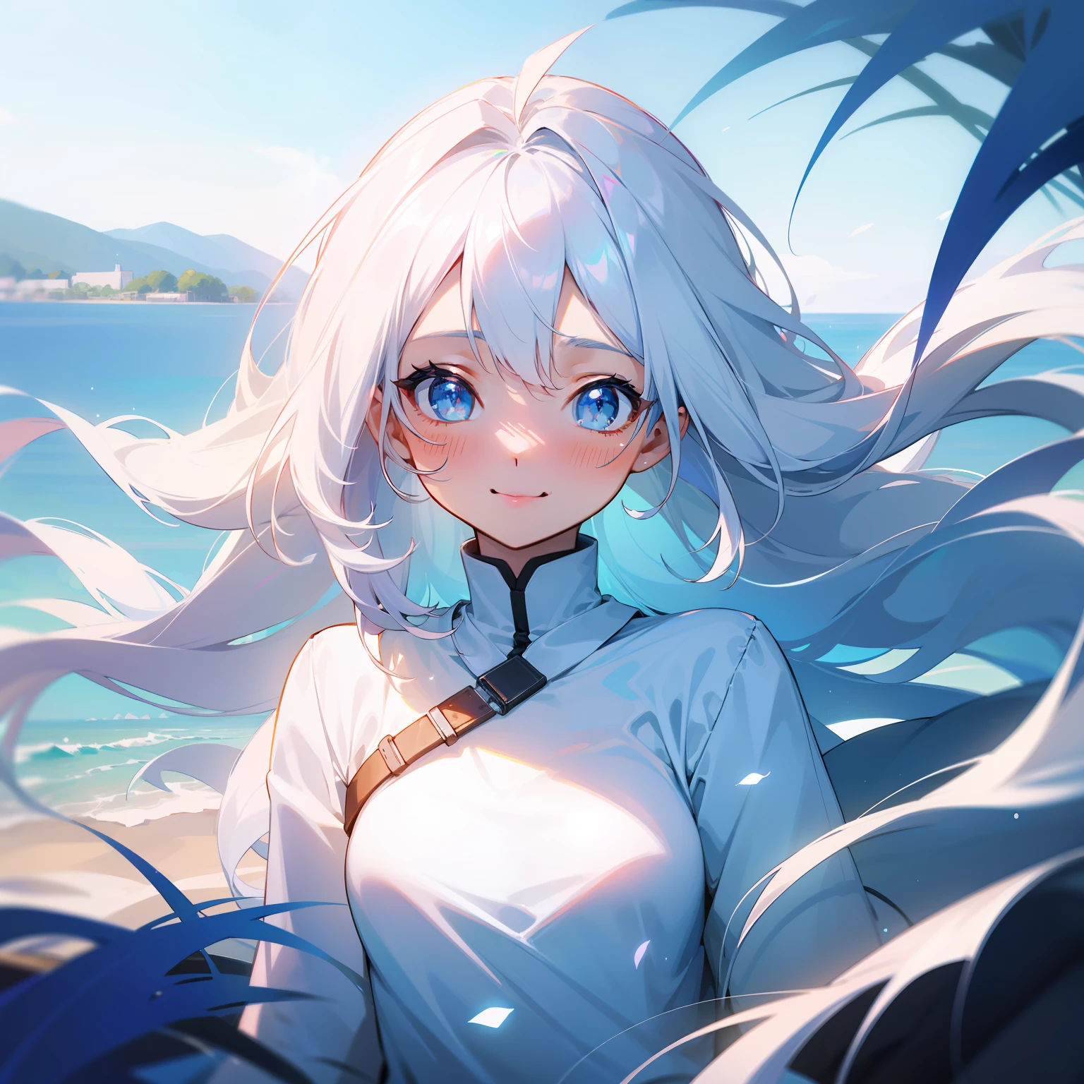 Cute Girl, Beautiful Girl,Happy Smiles,White shirt,White Hair,Long Hair,Blushing, Sparkling Eyes,Blue Eyes,Beautiful scenery