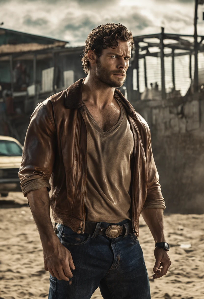 retrato de um homem, muito bonito e forte, forte e musculoso, bronzeado e forte, cabelo curto escuro, guerreiro valente, semelhante ao ator Jamie Dornan, parado em frente a uma vila em chamas, penhascos, close up, pose de ataque e atitude.