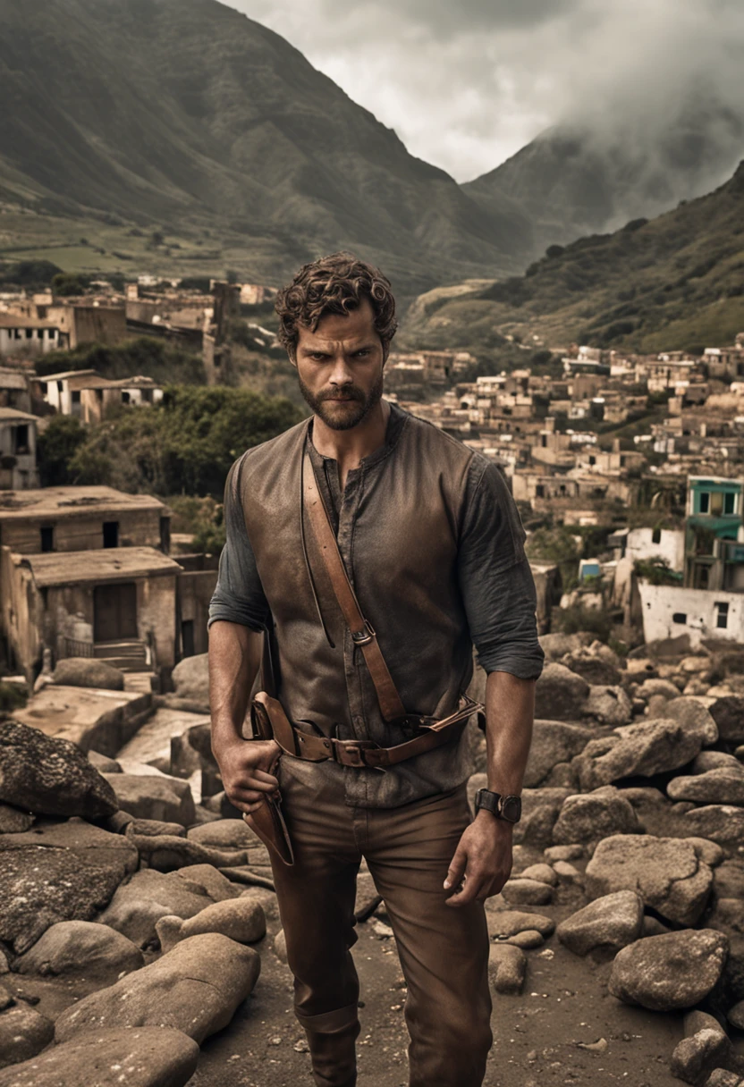 retrato de um homem, muito bonito e forte, forte e musculoso, bronzeado e forte, cabelo curto escuro, guerreiro valente, semelhante ao ator Jamie Dornan, parado em frente a uma vila em chamas, penhascos, close up, pose de ataque e atitude.