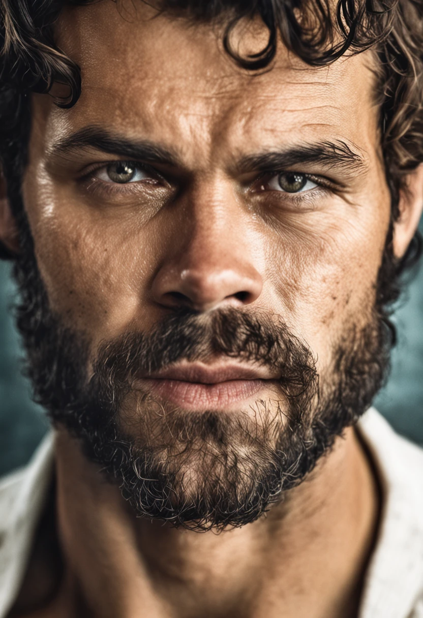 retrato de um homem, muito bonito e forte, forte e musculoso, bronzeado e forte, cabelo curto escuro, guerreiro valente, semelhante ao ator Jamie Dornan, parado em frente a uma vila em chamas, penhascos, close up, pose de ataque e atitude.
