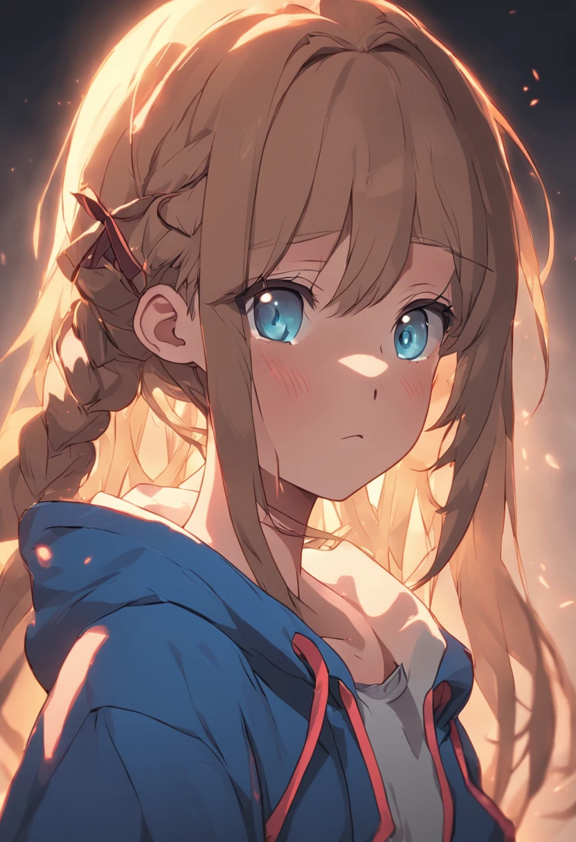 Golden eyes girl with light brown hair and braids on the sides、Blue ribbon、Wearing a hoodie over a shirt、thin ribbon at chest,、Unsupervised、From Buroaka