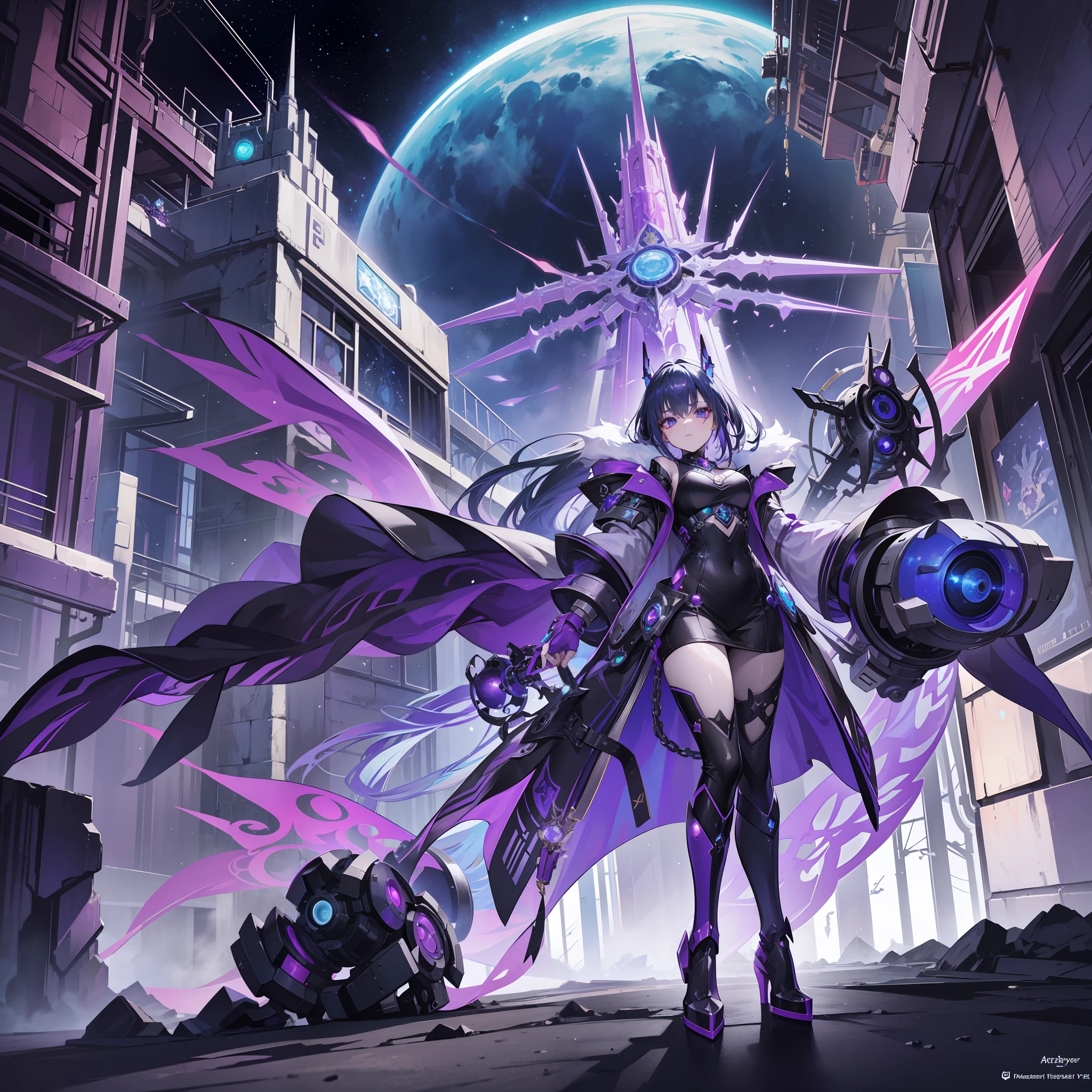 Futuristic cybersteampunk style fairy wizard
A deformed and weird biochemical purple-white blood ferocious beast
Like a starry sky legislator
The supreme divine light and dark magic mad scientist
The emperor of the universe who rules the bright stars