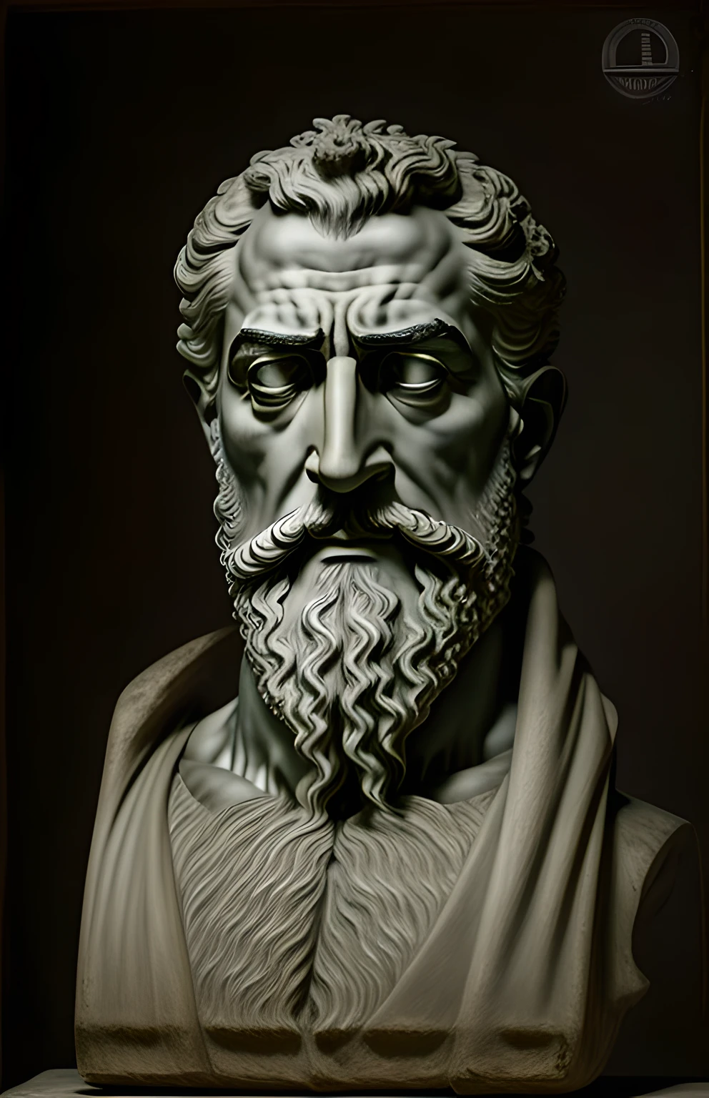 a black and white photo of a bust of a man with a beard, theophanes, hephaestus, stoic face, stoic facial expression, stoicism, stoic, severian of nessus, stoic pose, by Theophanes the Greek, stoic and calm, portrait zeus, inspired by Exekias