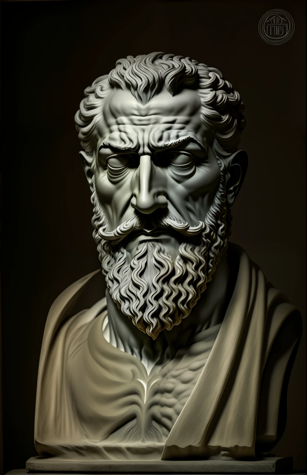 a black and white photo of a bust of a man with a beard, theophanes, hephaestus, stoic face, stoic facial expression, stoicism, stoic, severian of nessus, stoic pose, by Theophanes the Greek, stoic and calm, portrait zeus, inspired by Exekias