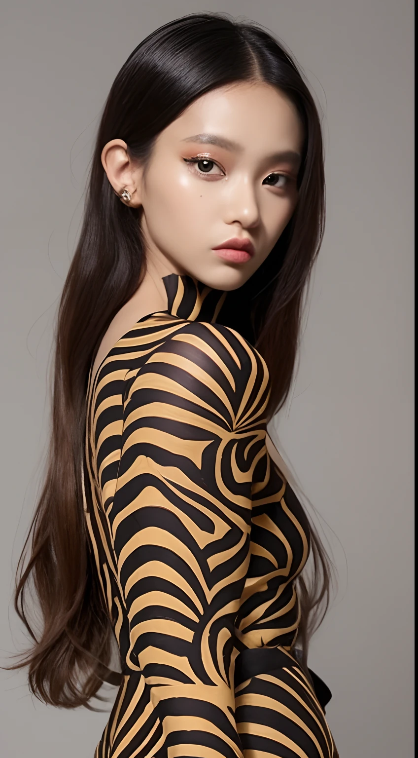 one African model ,Unique details, Y2K virtual fashion, Near future, Curvilinear details , double eyelid, simple background