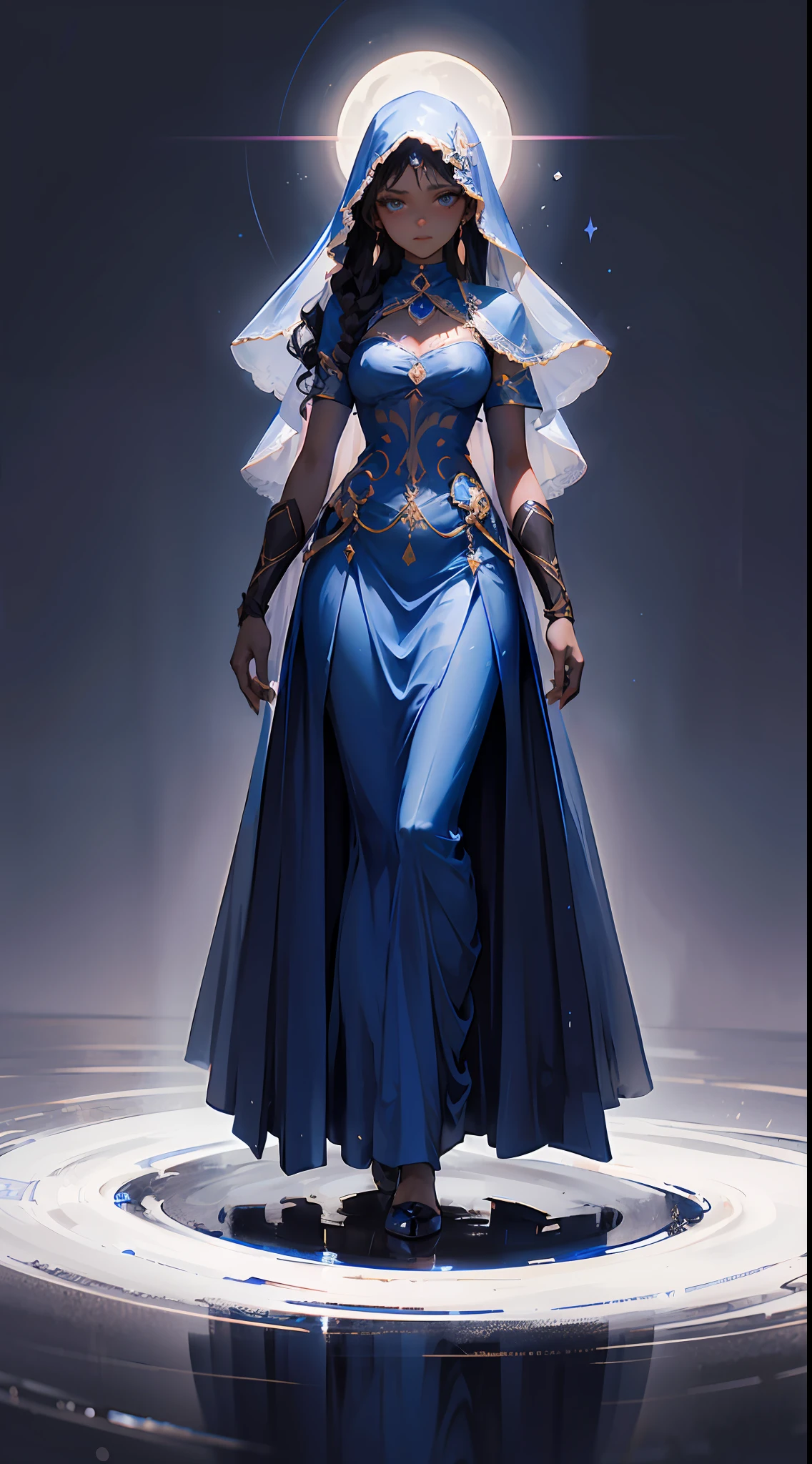 1 girl, beautiful full body concept art, simple dark background, looking at viewer, long curly hair, dark skin, (best quality, masterpiece), 1 girl, blue veil, beautiful full body concept art, long skirt, simple dark background, ethereal, fantasy, long skirt, arabic, middle eastern, moon design, mysterious rendering, 4K, --niji 5