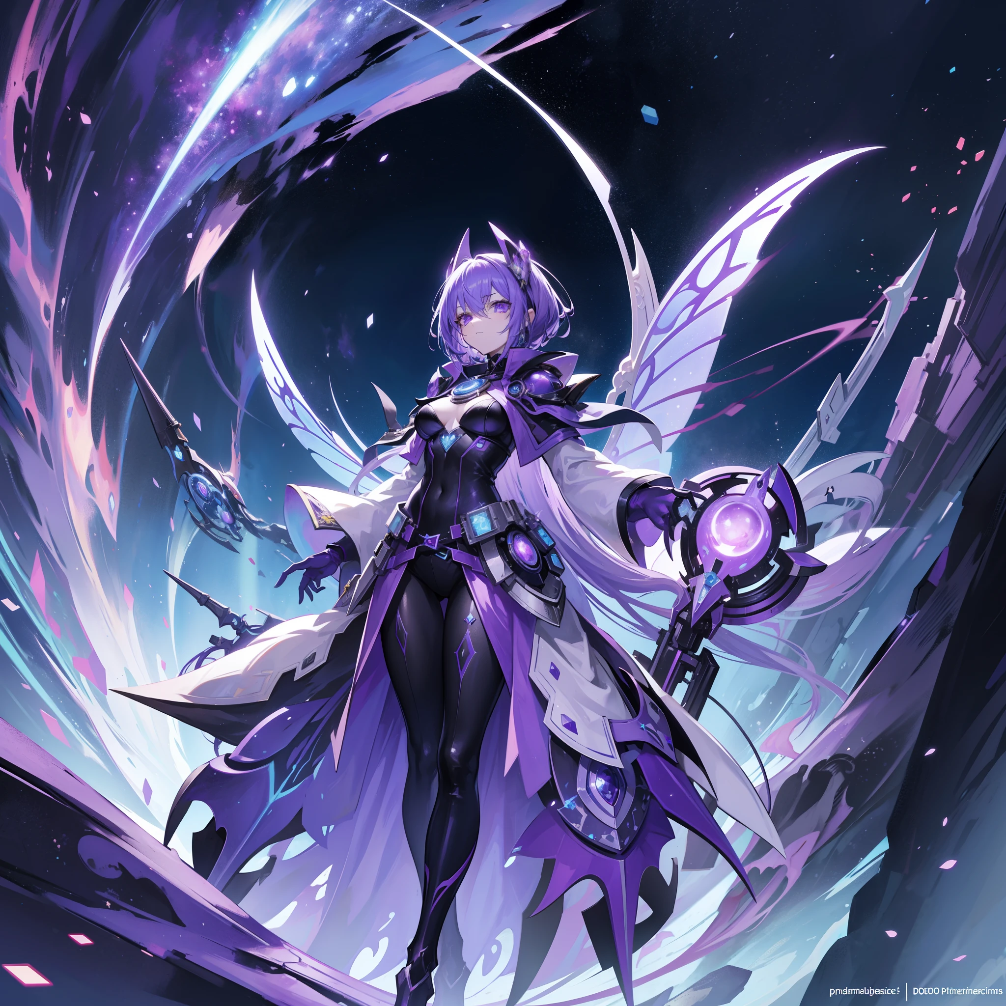 Futuristic cybersteampunk style fairy wizard
A deformed and weird biochemical purple-white blood ferocious beast
Like a starry sky legislator
The supreme divine light and dark magic mad scientist
The emperor of the universe who rules the bright stars