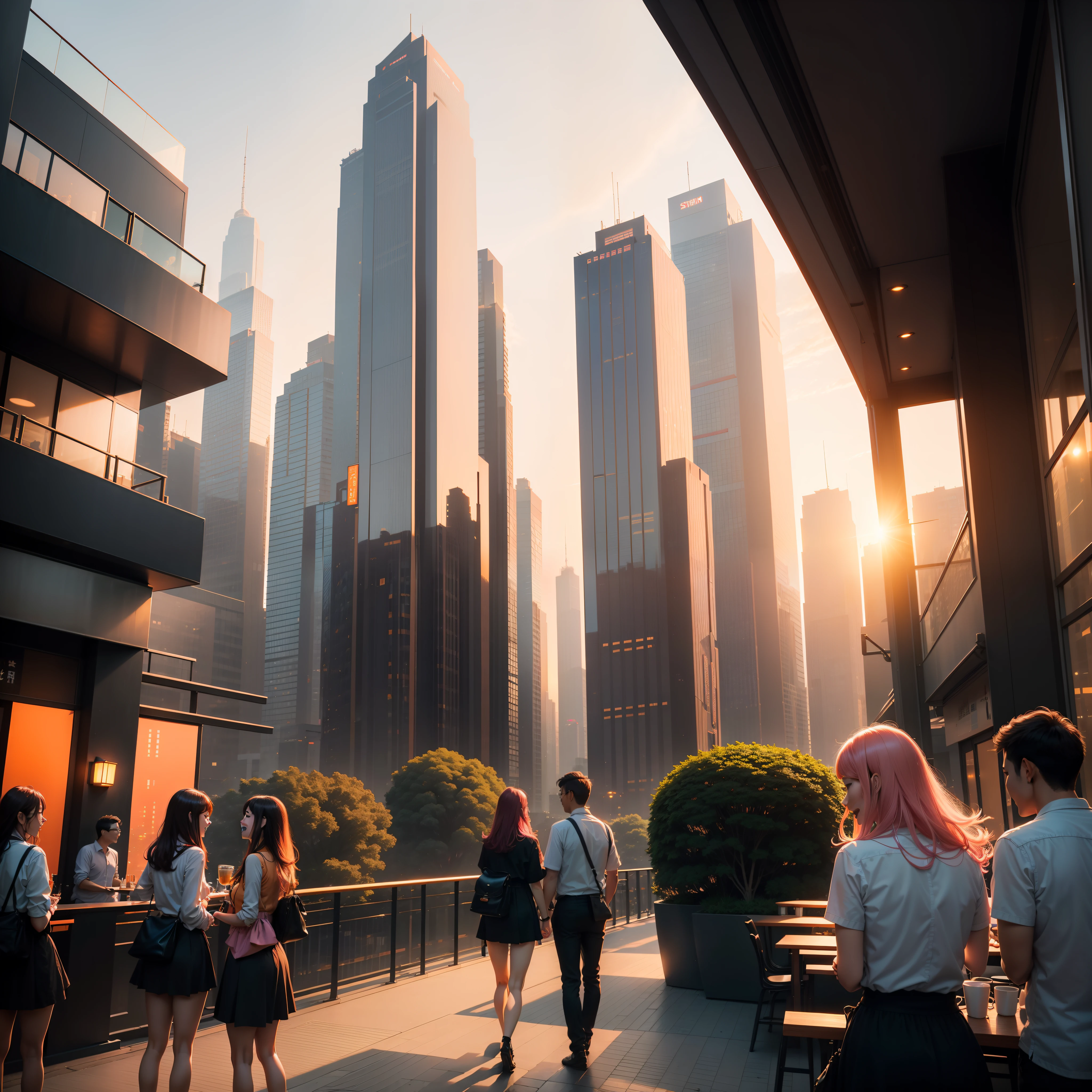 at the sunset, 城市, Skyscrapers, a person々Flow of, Building windows, Warm light, Walkway, a person々, cafe terrace, Friends, Laughing, Skysky, an orange, pink there, tints, Urban hustle and bustle, Beautiful sunset, harmony