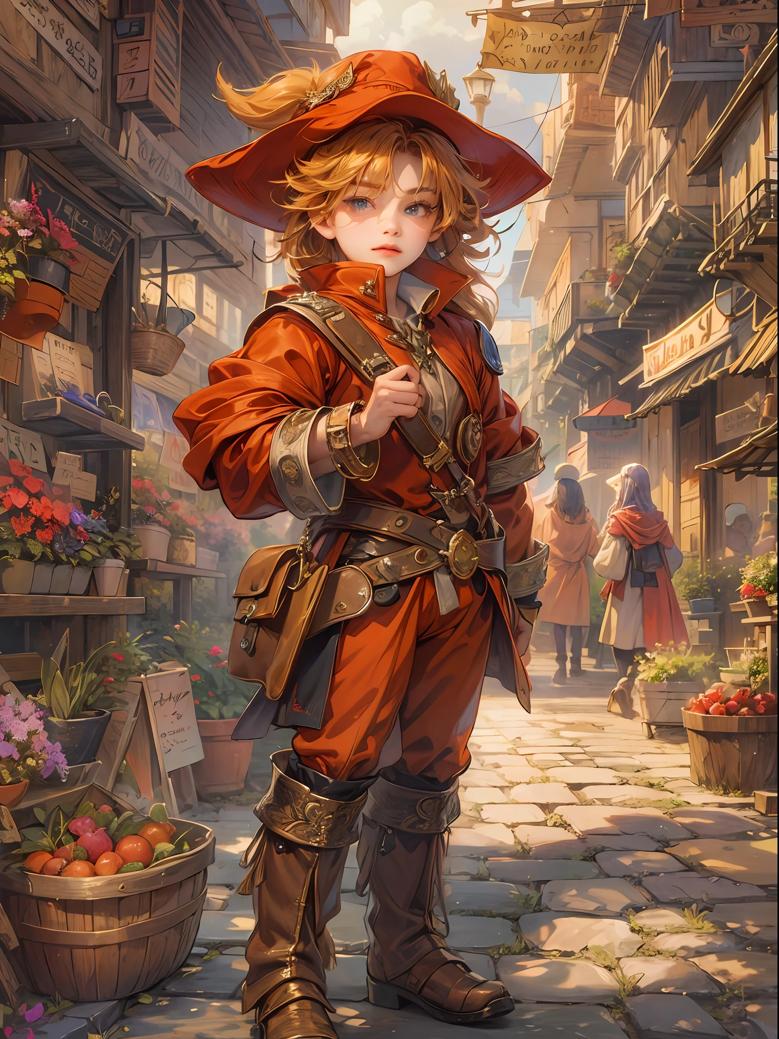 (absurdres, highres, ultra detailed, HDR), masterpiece, best quality, legend of mana character, handsome young hero wearing detailed red hat, detailed face, handsome face, shiloh sightseeing to outside with refreshing crowd, wearing detailed muffler, strolling at the town of domina market , detailed character, detailed outdoor, detailed marketplace