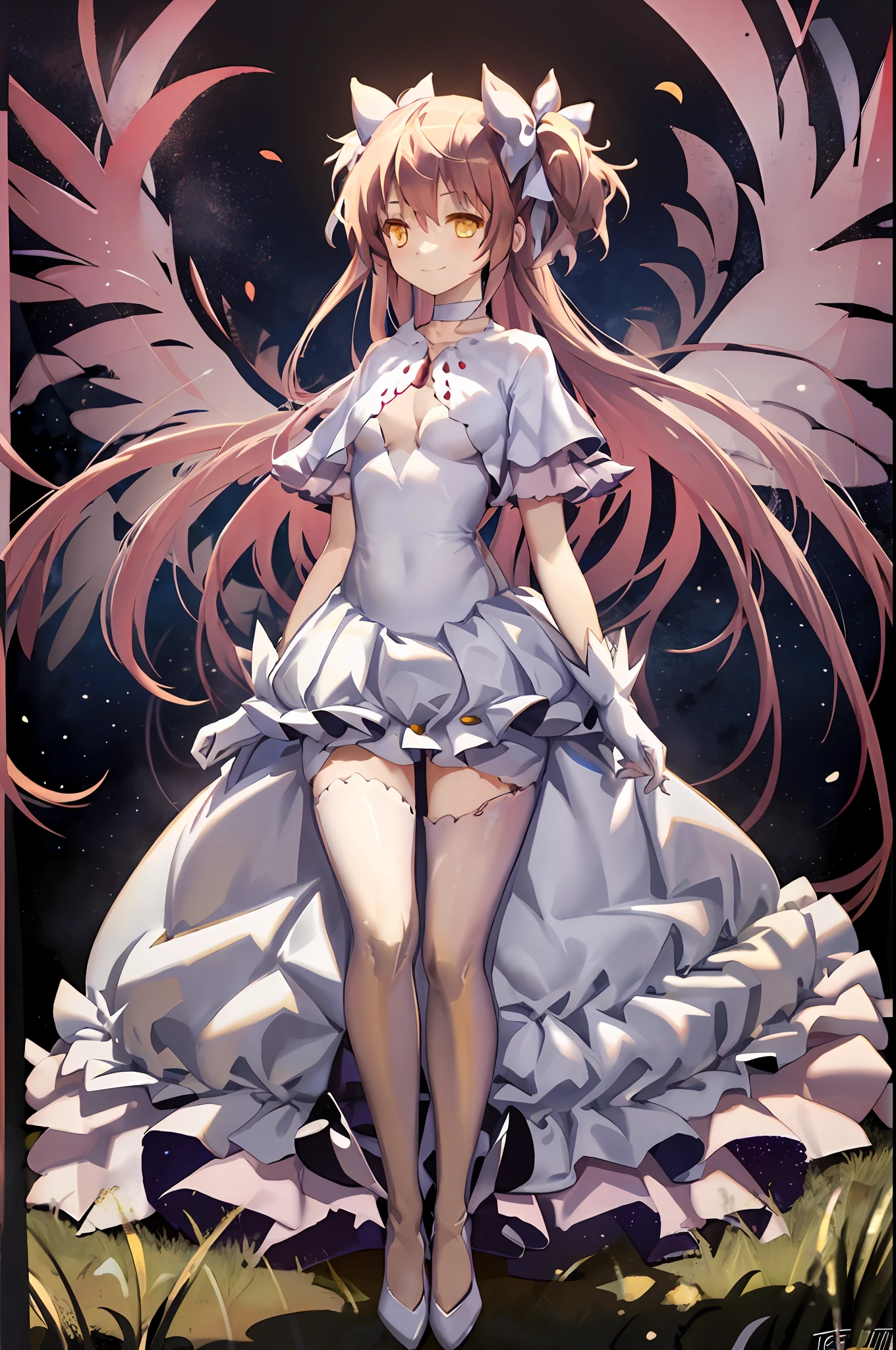 masterpiece, ultimate madoka,yellow eyes, white dress,night skyfull body, standing, smile