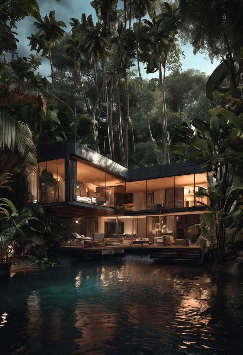 Single-family duplex house next to water bodies and forests in tropical climates