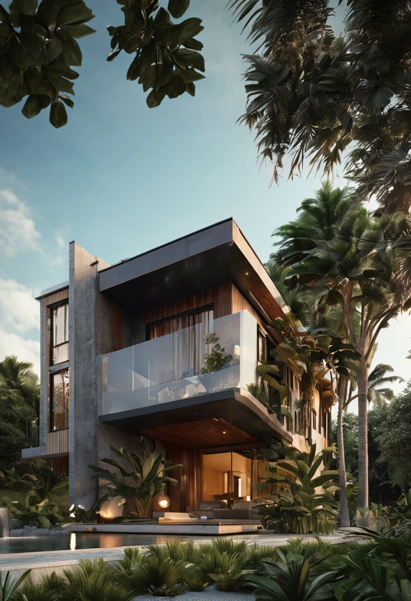 Single-family duplex house next to water bodies and forests in tropical climates