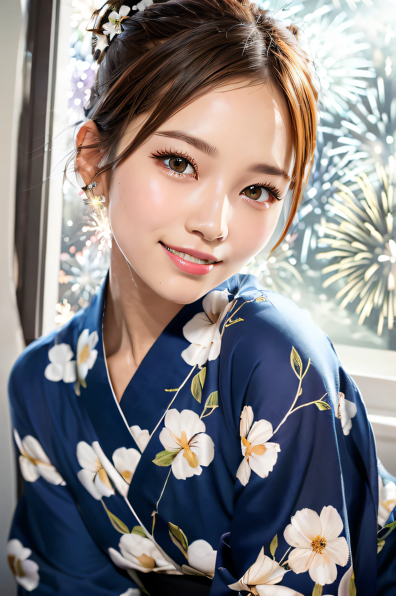 ((A view of countless colorfully fireworks outside the window at night:1.2)),
