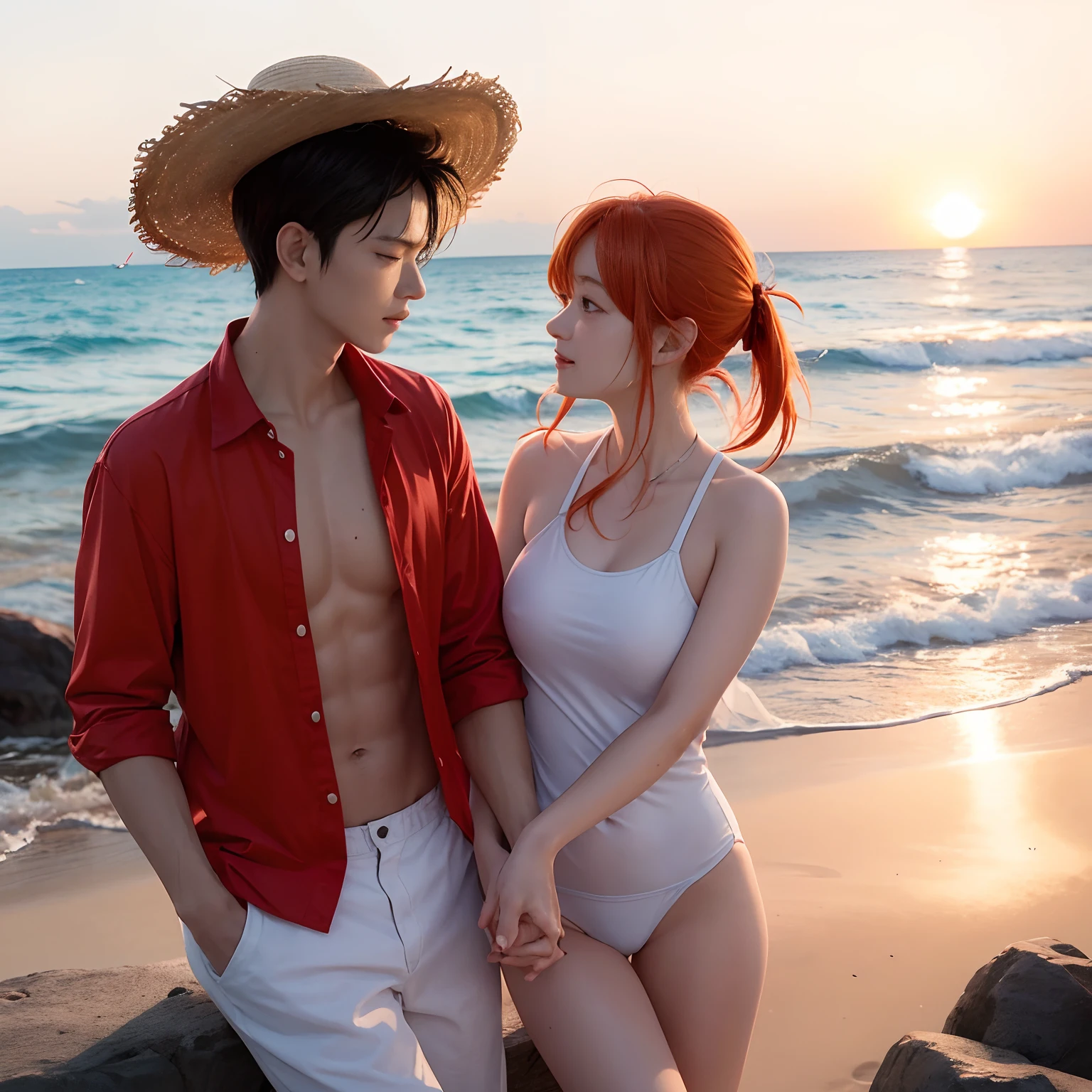Love story (Seaside at summer sunset) Luffy and Nami、He had black hair and、、、、、、Wearing a red shirt and sea bread、Wearing a straw hat She has an orange hair color、(She has her hair tied)、She wears a swimsuit