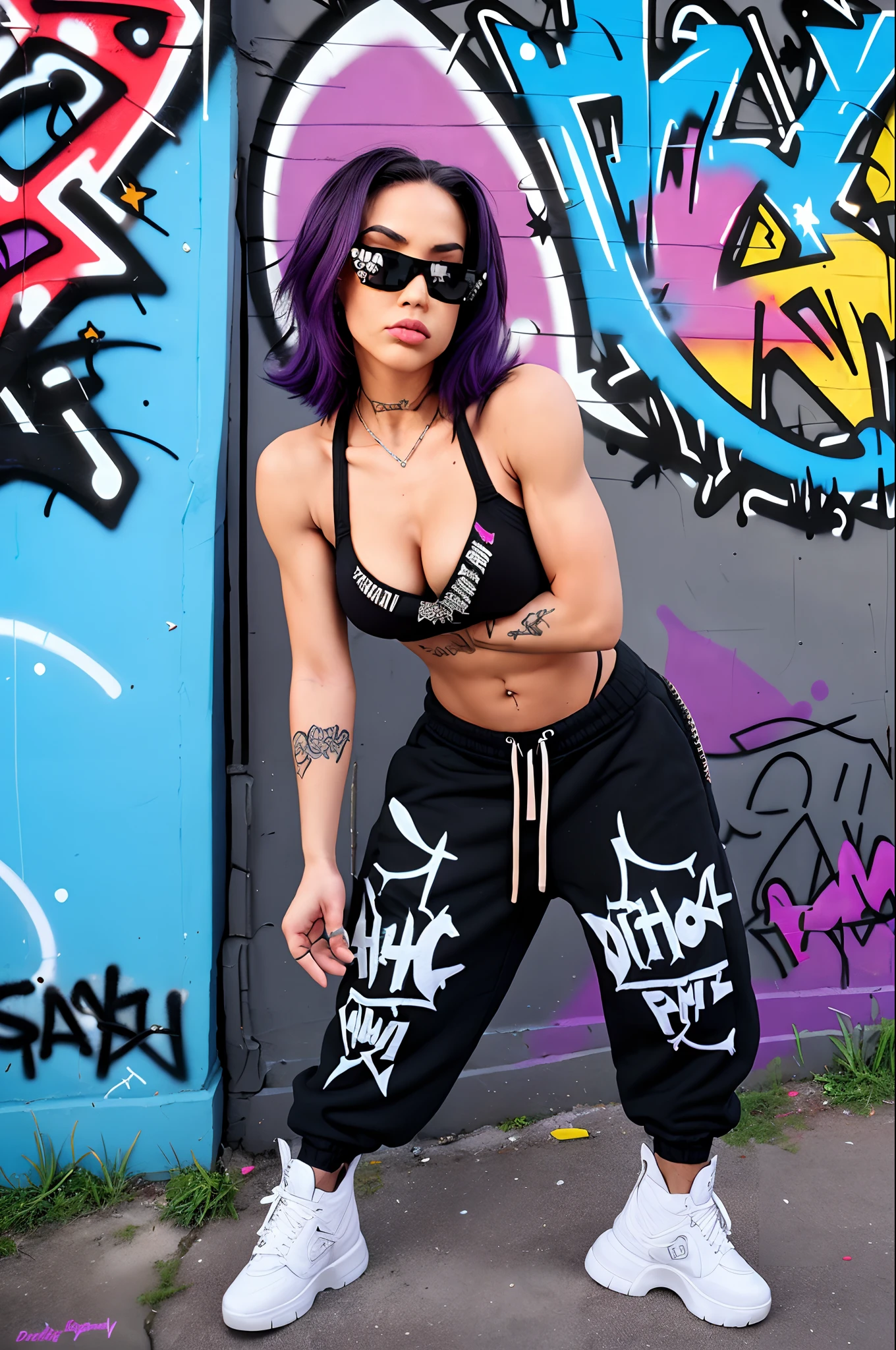 "An assertive and confident female with a badass attitude,wearing badass styissh hippe baggy saggy hip hop attire, leaning against a graffiti wall and flexing in a cocky manner. Dealwithit."