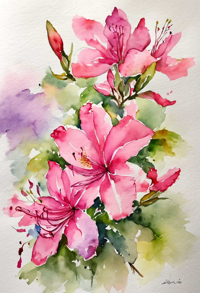 "une seule fleur, azalea, dessin aquarelle, Balanced, white background, highly quality, Vibrant colors, mise en valeur de la fleur dans son ensemble ,No play of lights, image simple."