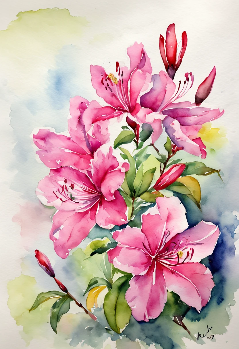 "une seule fleur, azalea, dessin aquarelle, Balanced,  white background, highly quality, Vibrant colors, mise en valeur de la fleur dans son ensemble ,No play of lights, image simple."