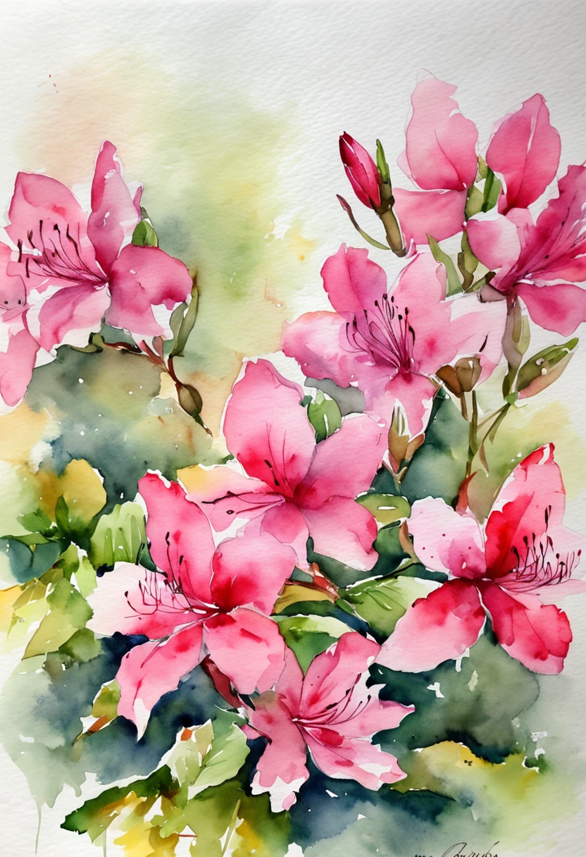 "une seule fleur, azalea, dessin aquarelle, Balanced,  white background, highly quality, Vibrant colors, mise en valeur de la fleur dans son ensemble ,No play of lights, image simple."