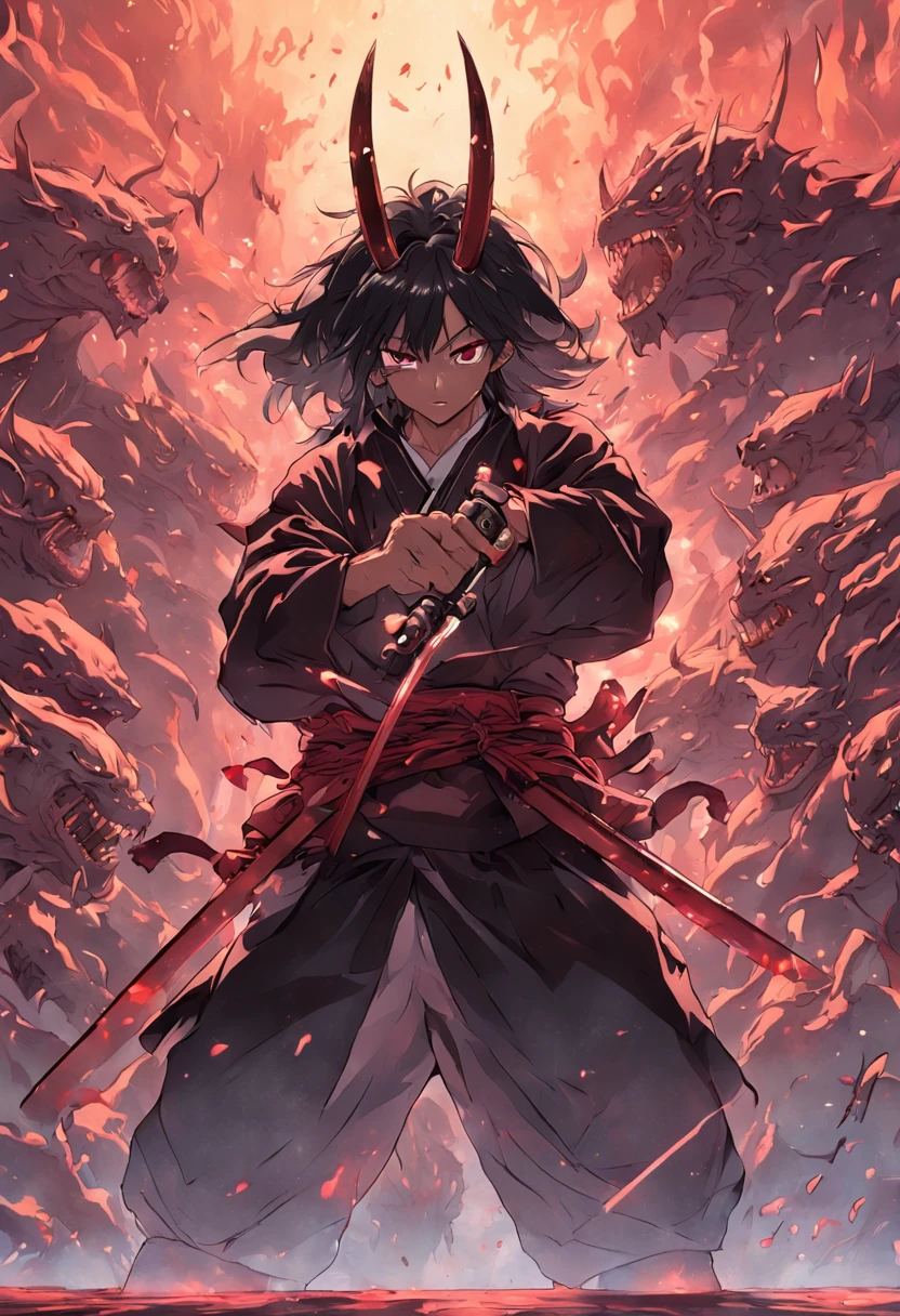 Approximately 20 years after the feudal era, A samurai with a katana emanating a black aura facing off against several monsters ready to attack him.