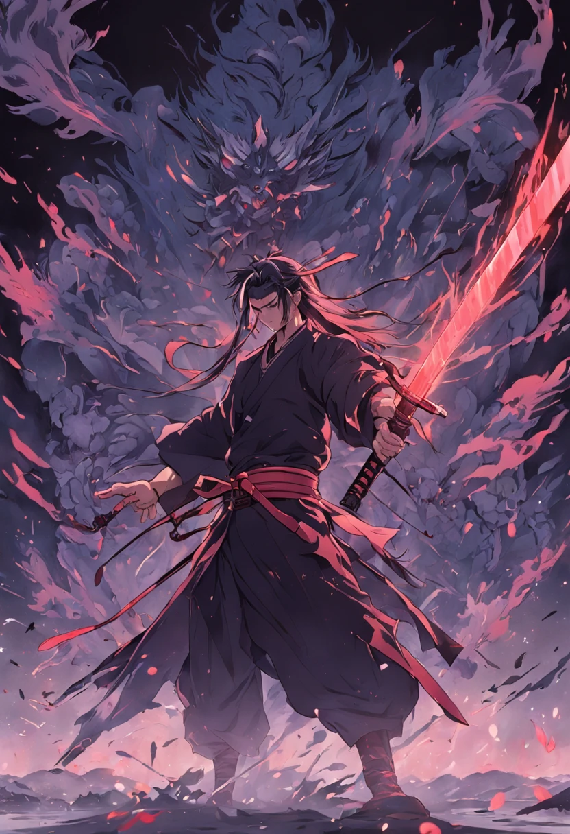 Approximately 20 years after the feudal era, A samurai with a katana emanating a black aura facing off against several monsters ready to attack him.
