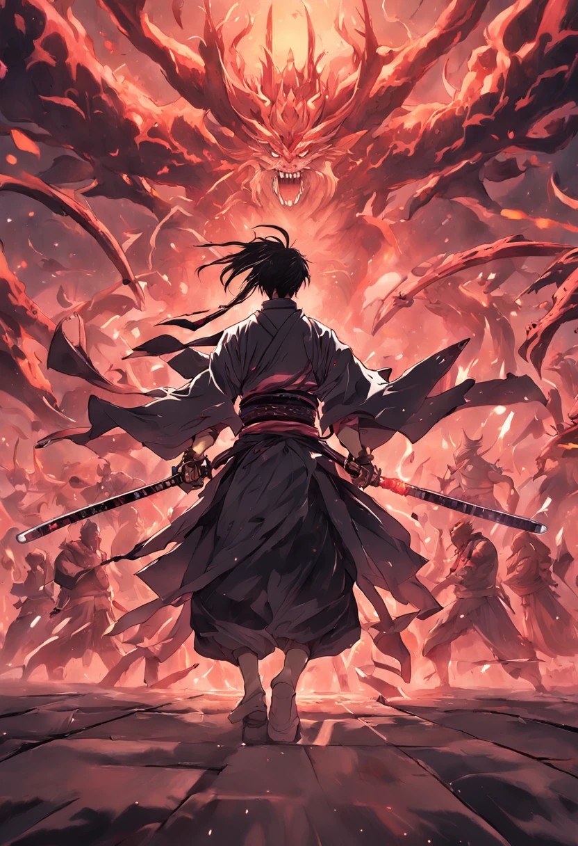 Approximately 20 years after the feudal era, A samurai with a katana emanating a black aura facing off against several monsters ready to attack him.