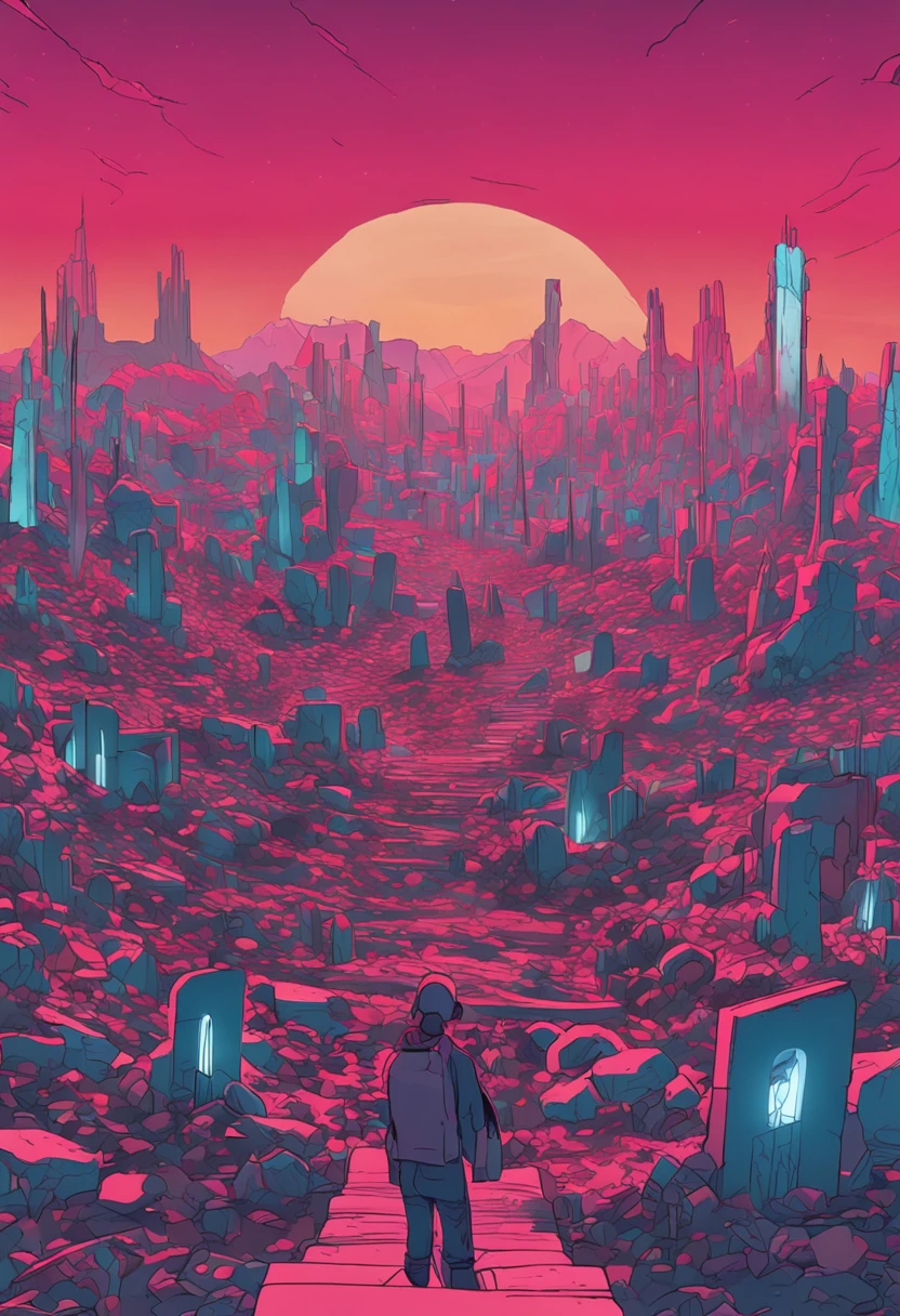 Cinema lenses,Large panoramic shot,The close-up view is a cemetery,White tombstones are erected here,Below the mountain in the distance is the colorful light and shadow of a cyberpunk-style futuristic city,There are some faint lights in the night,A tall young woman,Bow your head in silence in front of the tombstone,The scale is 16:9