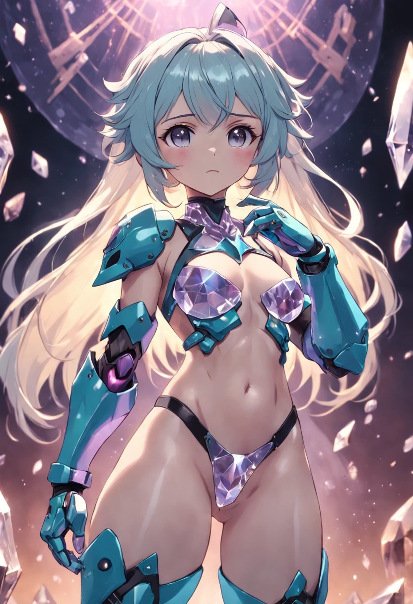 beautiful , ((crystal power armor)), bellybutton, open shoulders, ((power knuckles)), the perfect body, ((crystal little thongs)), ((curvy shapes)), crystal hair