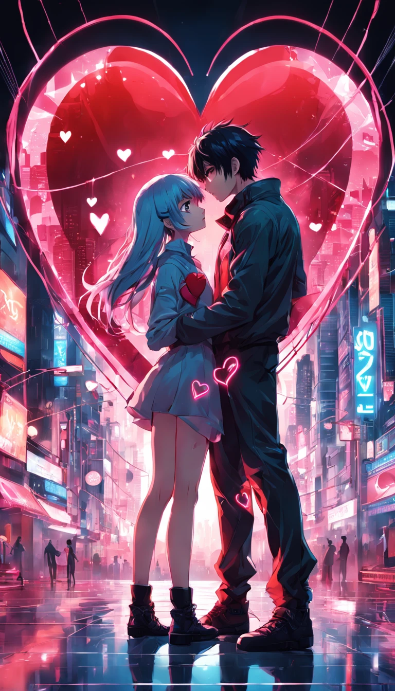 design a simple valentine's day design with the word love, transparent background, love element,Love heart shape composition,a boy and a girl entwined into one,Modern fashion clothing,simple cyberpunk city as background,