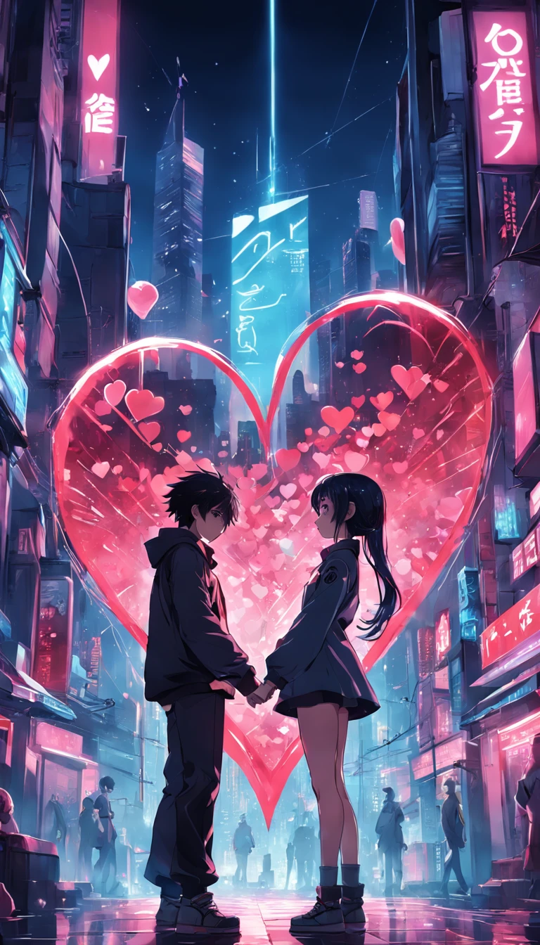 design a simple valentine's day design with the word love, transparent background, love element,Love heart shape composition,a boy and a girl entwined into one,Modern fashion clothing,simple cyberpunk city as background,