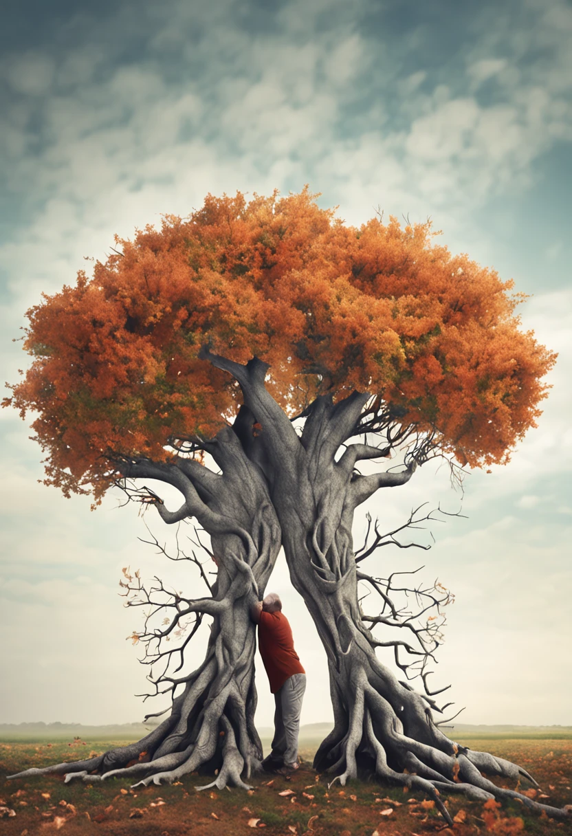Arbomorph A hug of woman and man turns into a leafy tree, with roots as legs, branches like arms, some leaves fly on a white background,l
