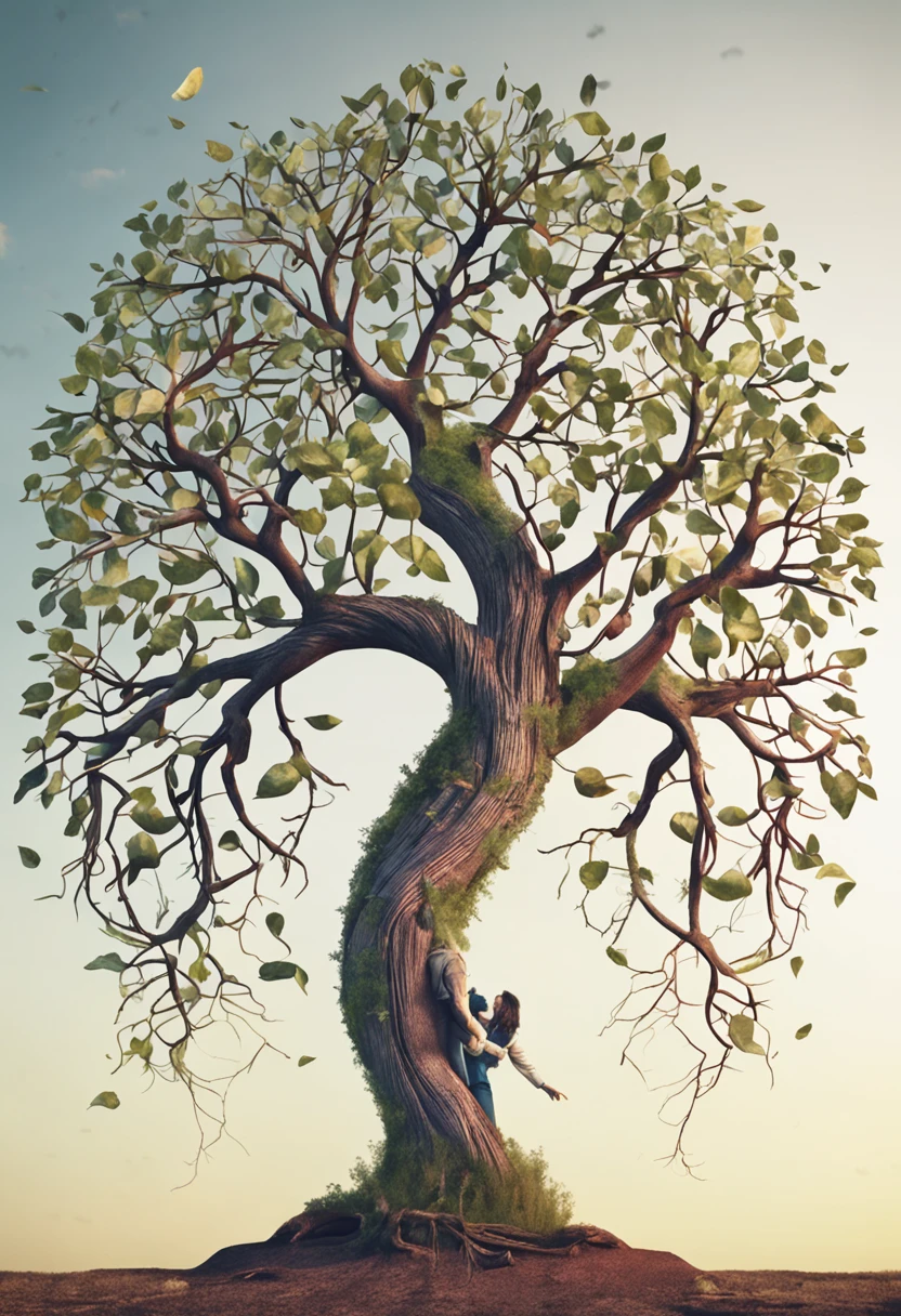 Arbomorph A hug of woman and man turns into a leafy tree, with roots as legs, branches like arms, some leaves fly on a white background,l