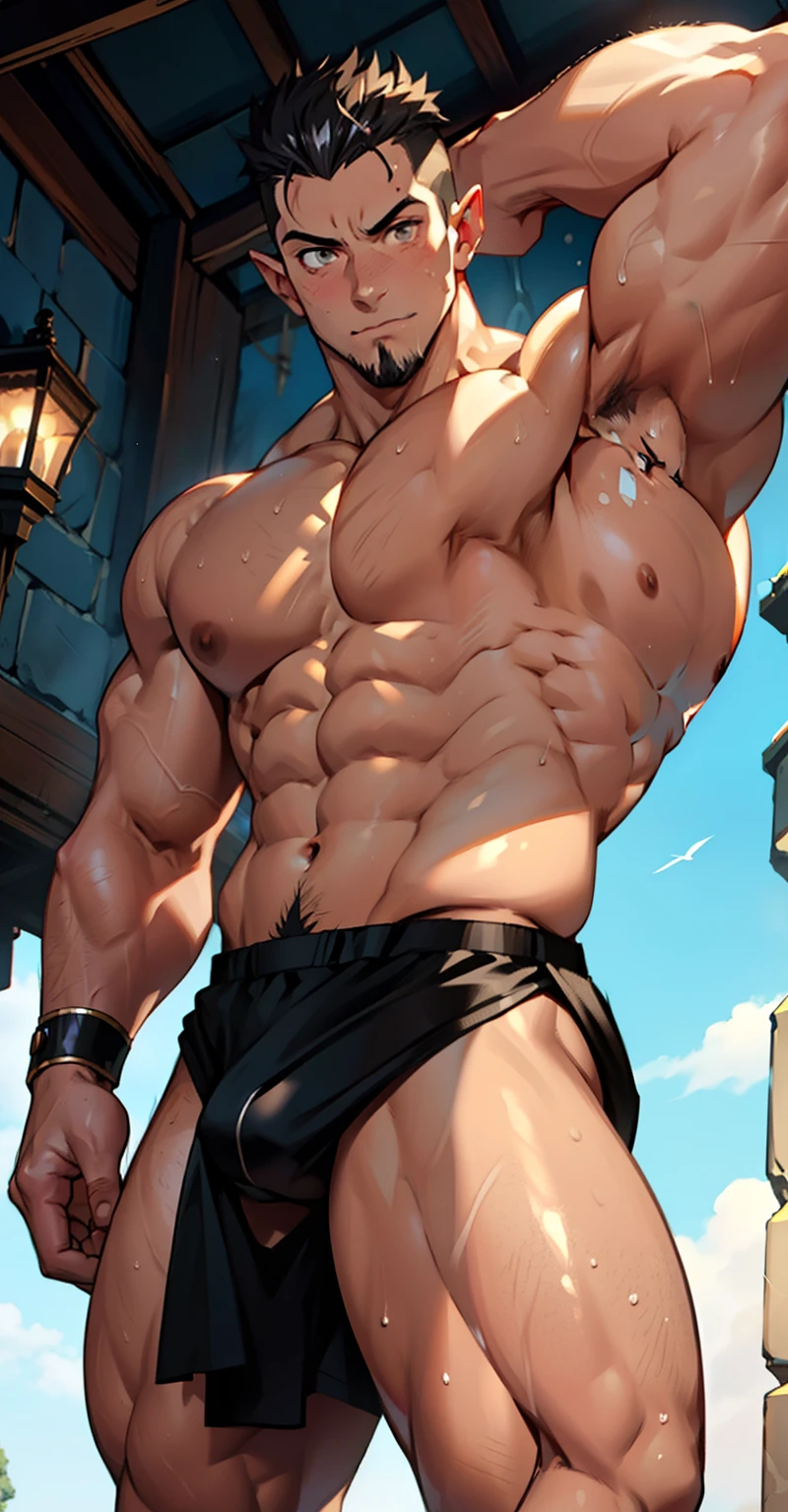 (straight photo) (highest quality photo) elf boy, beardless, cute young face, royal, wearing tight black briefs to reveal huge muscular thighs, puffy briefs up in the middle due to genitals, cute young face, undercut hair, huge muscular chest muscles, big strong thighs, sinewy biceps, huge body, loose bare, white skin, super shiny skin, sweat dripping