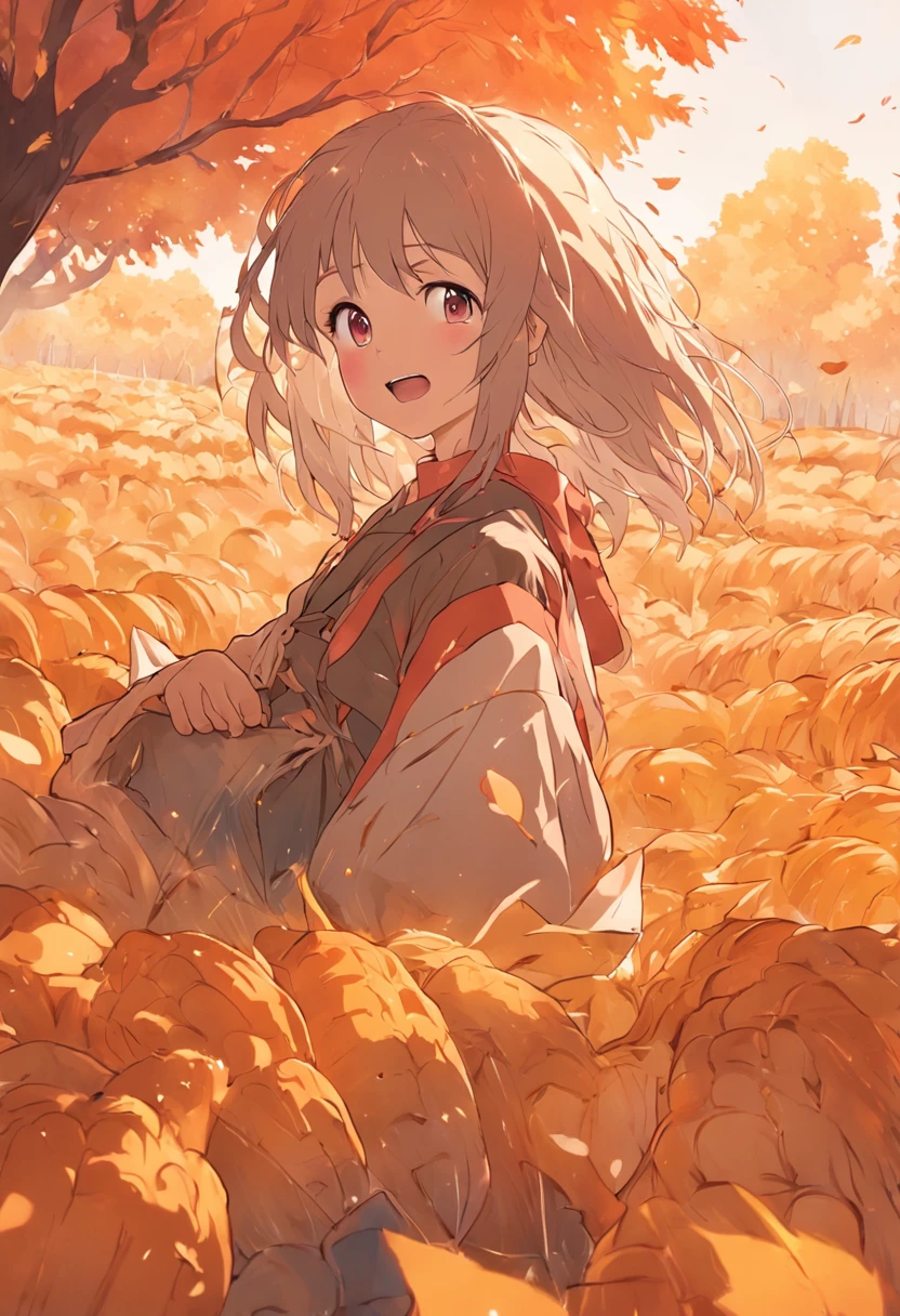 The autumn breeze rises,The farmer is busy,Smiling faces bloom in harvest moments。