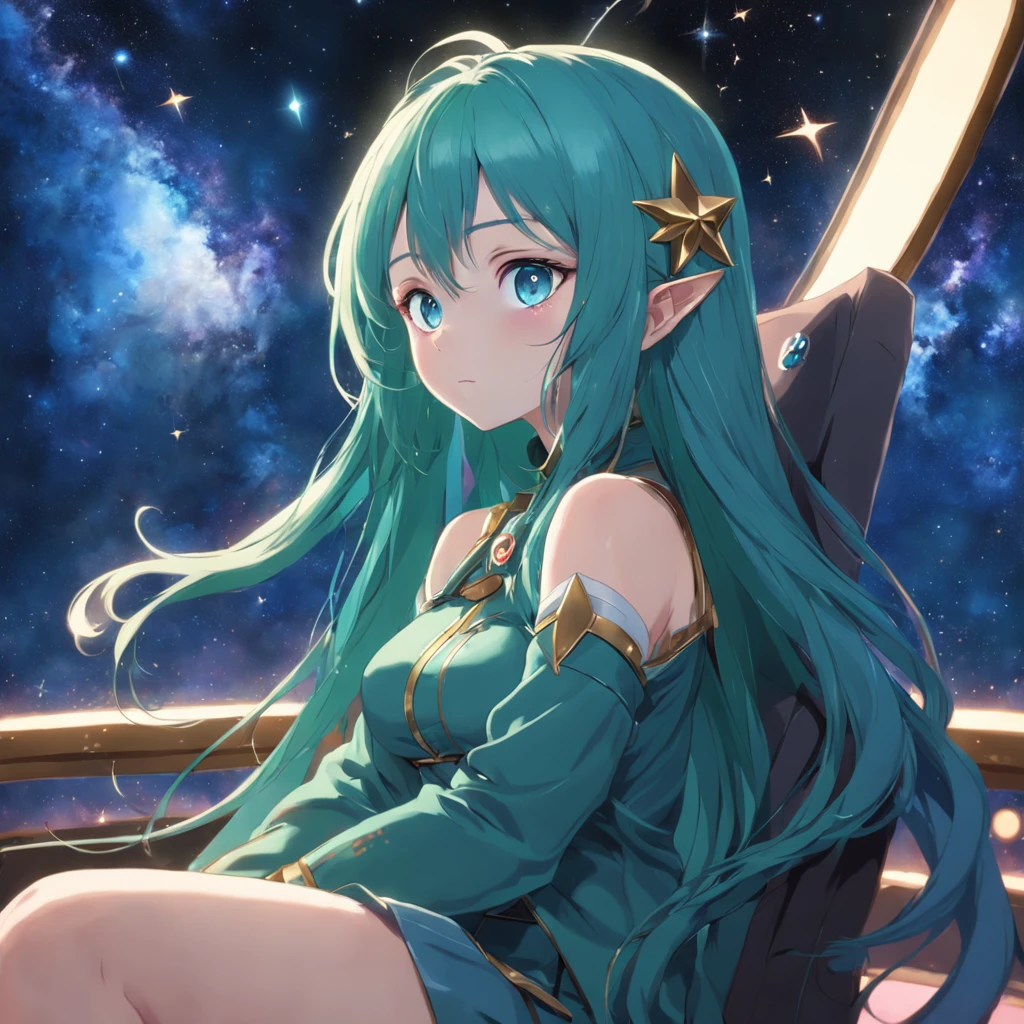A cute girl，blue long hair，Green eyes，sit on chair，Face to the audience，looking at the stars，galactic，big breasts beautiful，spectacular，tmasterpiece，HighestQuali
