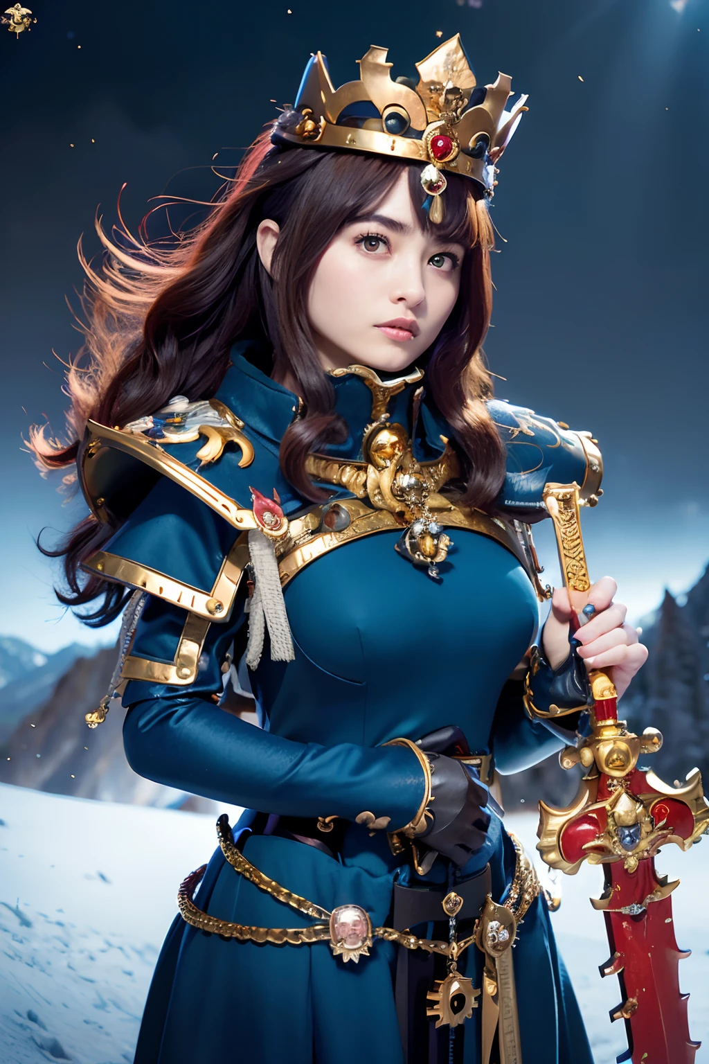 (masutepiece), Professional , ​masterpiece、top-quality、photos realistic , depth of fields ,（Wind element），close-up，dream magical，tornado，Lightning，（Gemstone Gold Jewel Body:1.６),(Matte Blue、Jewel Gold Weapon_、（Metal:1.４),Gorgeous Jewel Metal Weapons ,(( Detailed Sword of the Brave)) ,  Black castle background  ,warhammer 40k , adepta sororitas,Detail and ornate jewel crown、Brown hair、（(Gangle's forest background))、Beautiful Caucasian beauty、１a person、dynamic ungle,(((Detailed and ornate diamond crown)))、Particles of light、cleavage of the breast、Battle Pose、