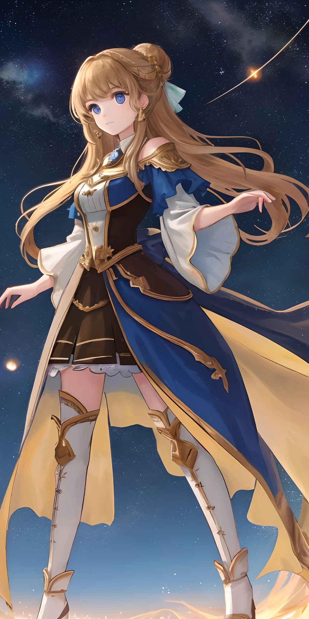 A girl dressed in ol,Standing in the starry sky,One-handed comparison