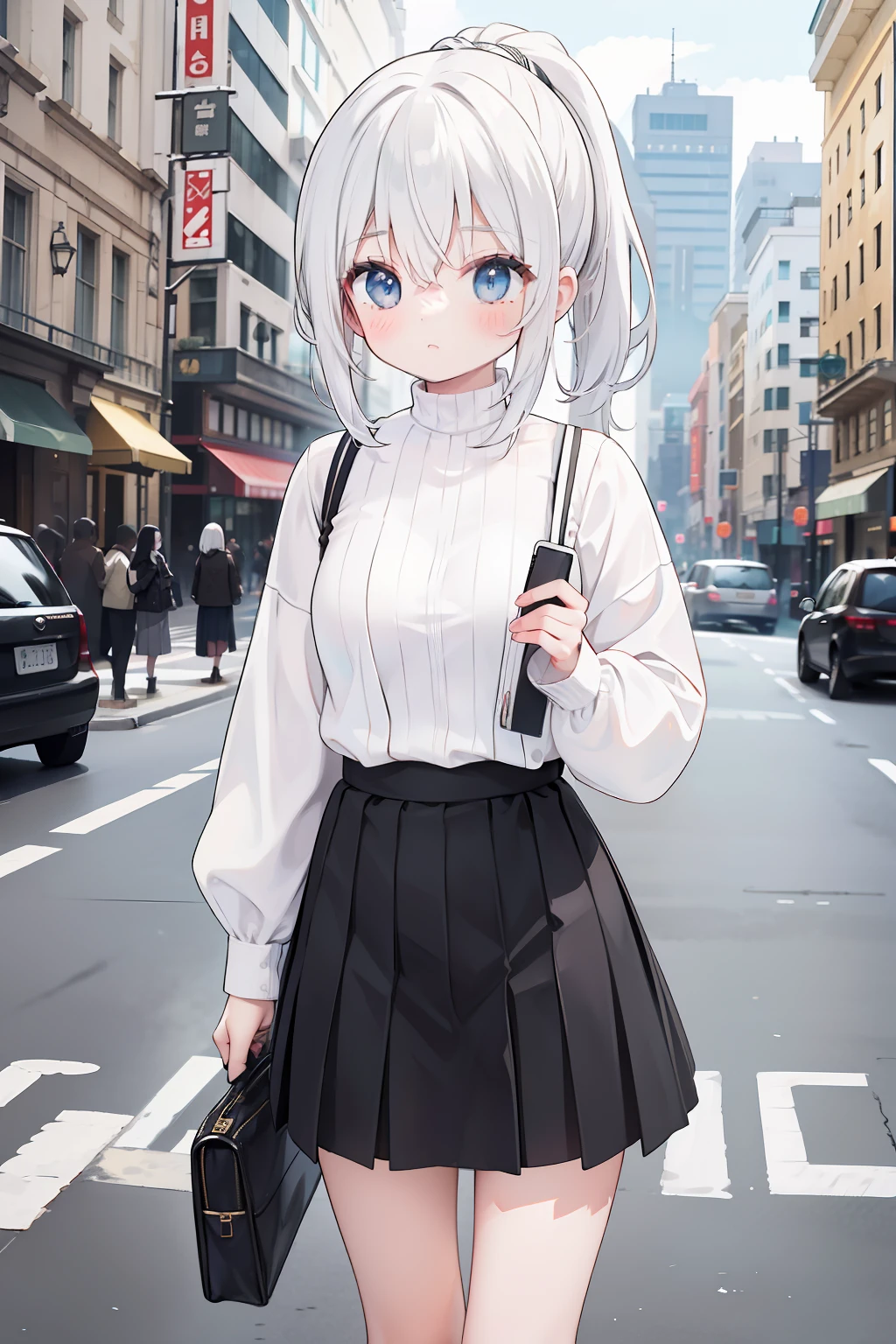 Standing all over the street, a girl with tight long sleeves striped shirt and white hair in a ponytail