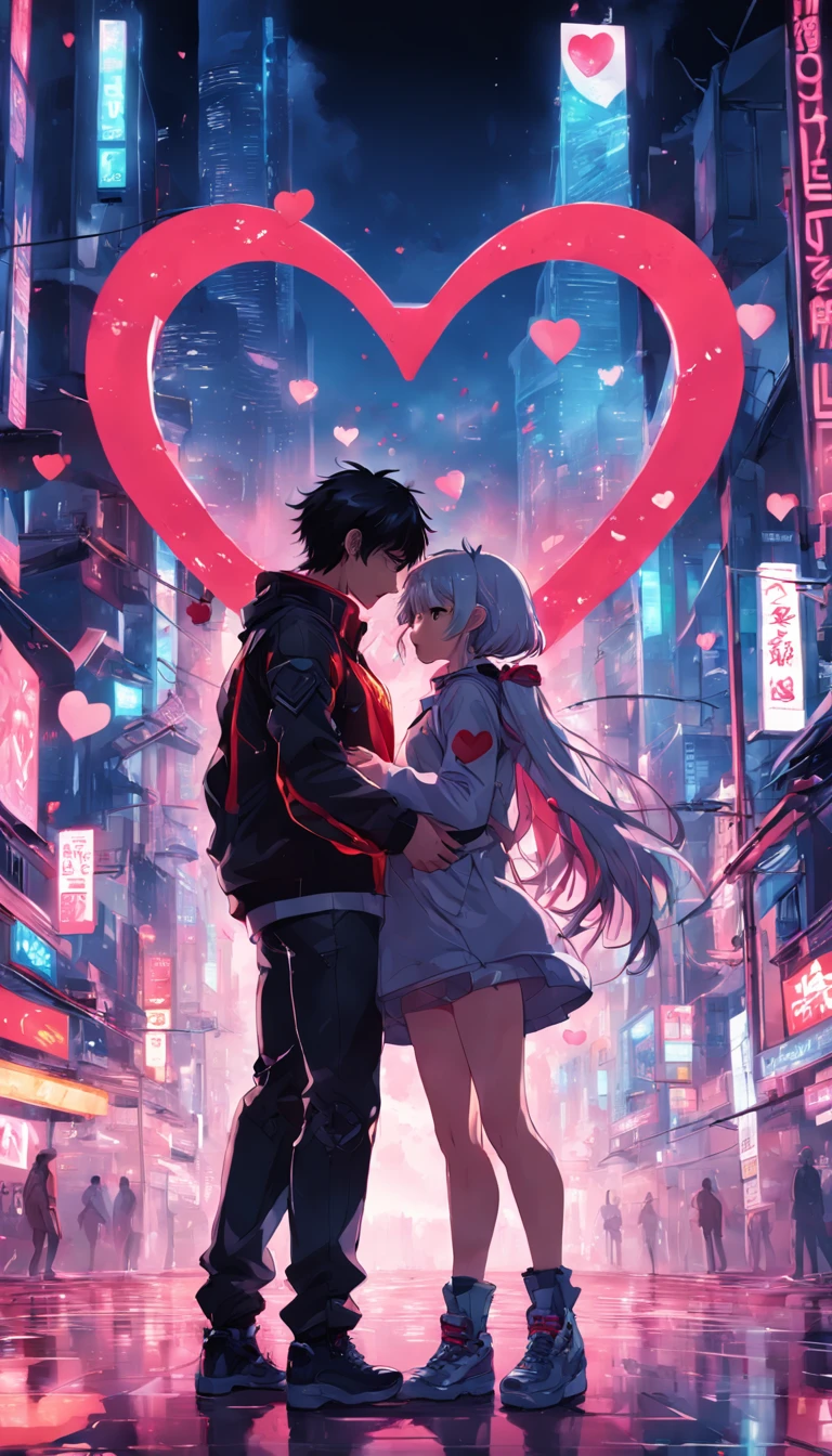 Design a simple Valentine's Day design with the word love, Transparent background, Love element,Heart-shaped composition,A boy and a girl get entangled,modern fashion outfit,Simple cyberpunk city as a backdrop,