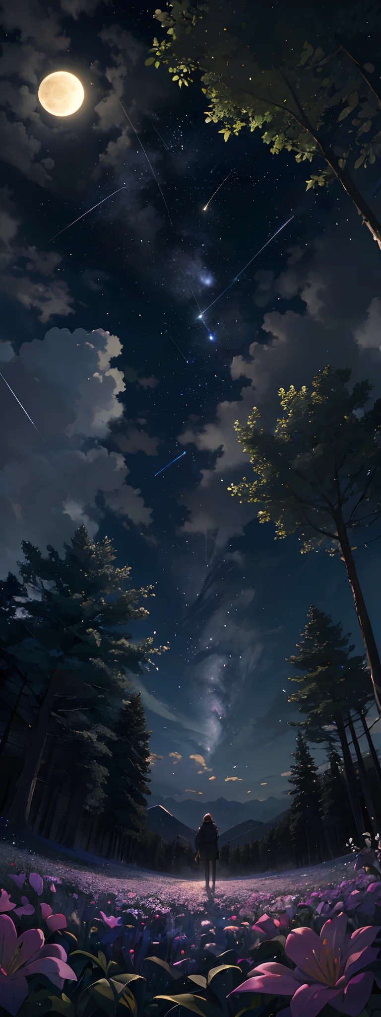Expansive landscape photograph, (view from below with a view of the sky and the wilderness below), girl standing in a flower field looking up, (full moon: 1.2), (shooting star: 0.9), (nebula: 1.3), distant mountain, tree break production art, (warm light source: 1.2), (firefly: 1.2), lamp, purple and orange, intricate detail, volume lighting BREAK (masterpiece: 1.2), (highest quality ), 4k, ultra-detailed, (dynamic configuration: 1.4), highly detailed and colorful details (iridescent: 1.2), (sparkling lighting, atmospheric lighting), dreamy, magical, (solo: 1.2)