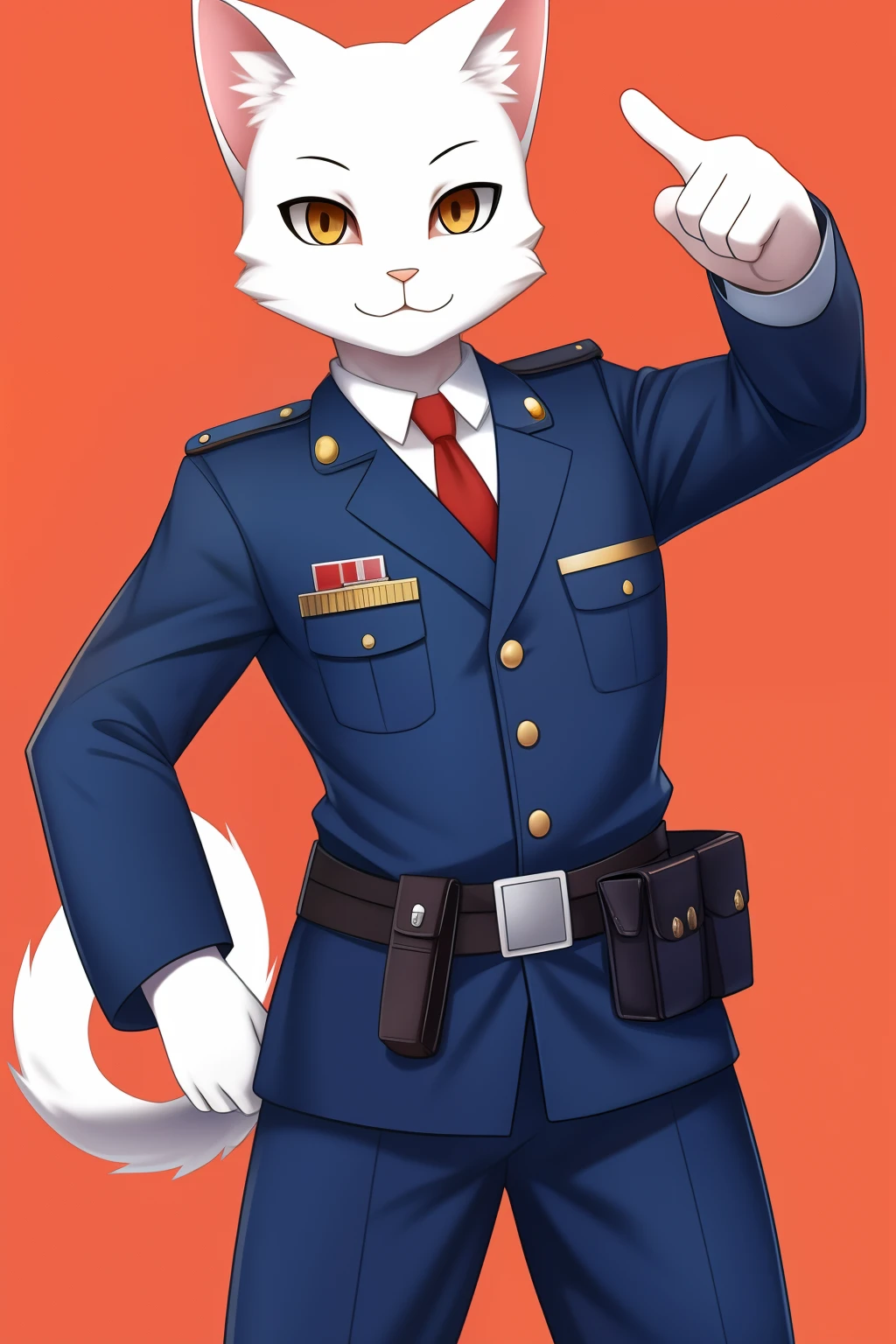 White cat, Dressed as a Japan policeman, Raising one arm and pointing to the right