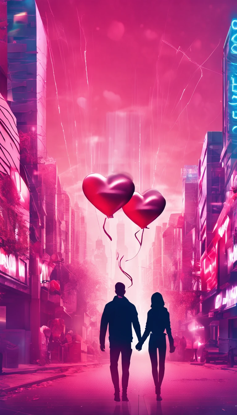 design a simple valentine's day design with the word love, transparent background, love element,Love heart shape composition,a boy and a girl entwined into one,Modern fashion clothing,simple cyberpunk city as background,