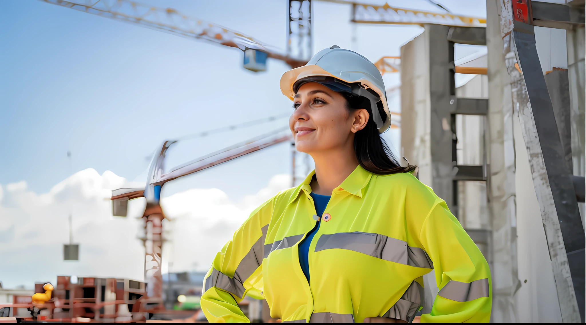 arafed woman in a hard hat and safety vest standing in front of a construction site, portrait shot, photo taken in 2 0 2 0, construction, closeup portrait shot, civil engineer, wearing hi vis clothing, closeup photograph, portrait, engineer, safe for work, close portrait, close up portrait shot, photo portrait, woman, portrait image