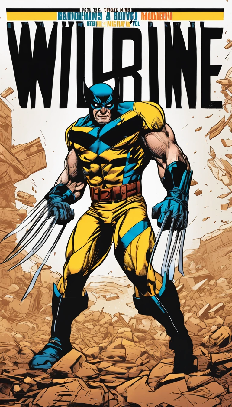 a full page of text, magazine, lines pointing to clothing and gear, action shot, detailed Wolverine, lots of details, graphs