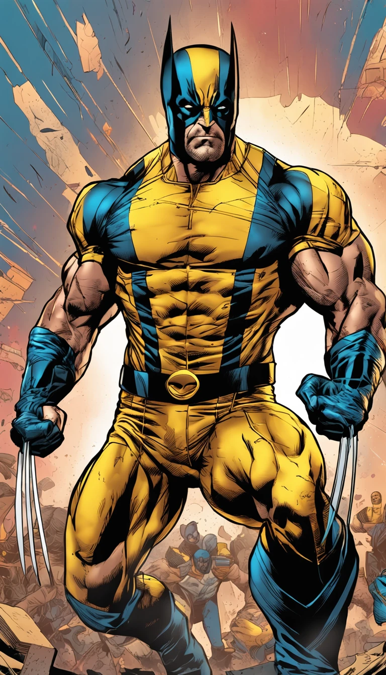 T-shirt vector printing ,WOLVERINE classic uniform MARVEL merged into an epic, imagem detalhada. Mastery in quality and lighting. Stunning and impactful scenery. Dynamic and powerful action. Efeitos de sombra e luz melhorados. High resolution masterpiece. State-of-the-art CG art. Incredible and immersive result.+"
