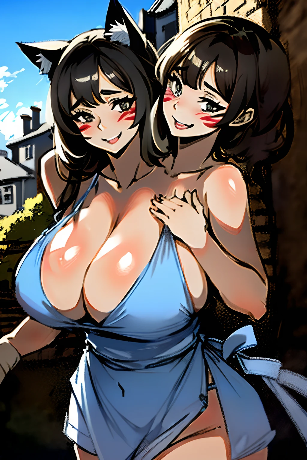 2heads, a short fat woman with 2 heads. She has massive breasts. She is outside in a sunny village. She is wearing a skimpy outfit. She is wearing fake cat ears and a fake cat tail. She has enormous fat breasts. She has cat facepaint and fake whiski. She is extremely short. She is extremely fat. She looks flirty. She looks seductive. She is blushing. Her breasts are gigantic and fat. She has long straight dark brown hair. She looks mature. She looks motherly. Her breasts are enormous. She is laughing.