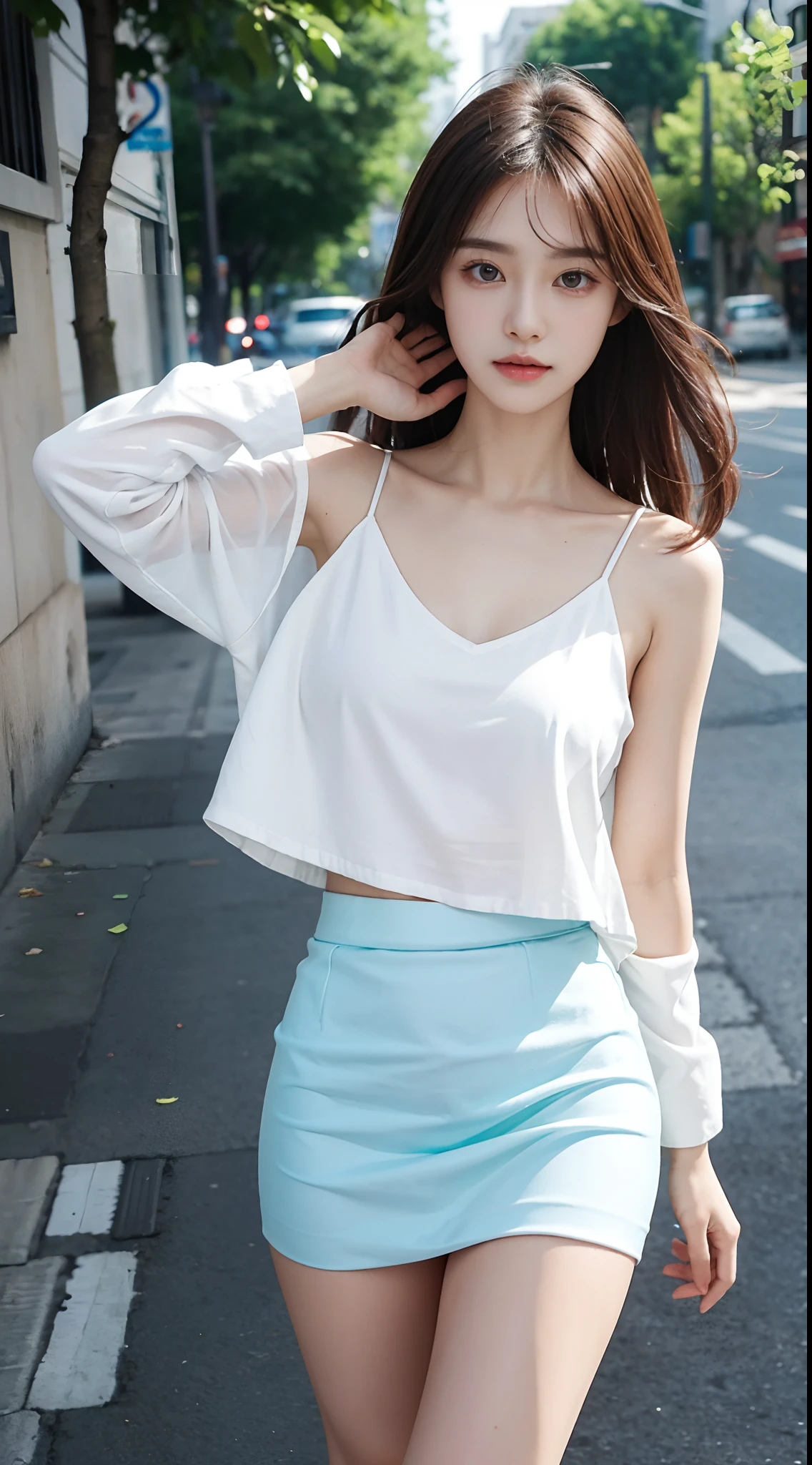 8k, masterpiece, RAW photo, best quality, photorealistic, extremely detailed CG unity 8k wallpaper, Depth of field, Cinematic Light, Lens Flare, Ray tracing, (extremely beautiful face, beautiful lips, beautiful eyes), intricate detail face, ((ultra detailed skin)) 1girl, in the dark, deep shadow, pretty korean girl, kpop idol,(very slim slender fit-muscled body:1.3), ((looking at viewer)),(big smile:1.3), (night, (neon sign), (blurry background), midnight, (without people in the background:1.3), pretty korean girl, white diamond earrings, bracelets, necklace, clear eyes, walking , front shot, (pale skin), face forward, (big eyes), full body shot, ((see through blouse)), (hot Cyan color blouse)), ((laced skirt)), (looking at viewer:1.3), very slim, Perfect body figure, Super Round breasts under dress, breasts, Shopping bags in hands , above knee length skirt, updo hair, short hair, turning front, (Front shot), medium butts