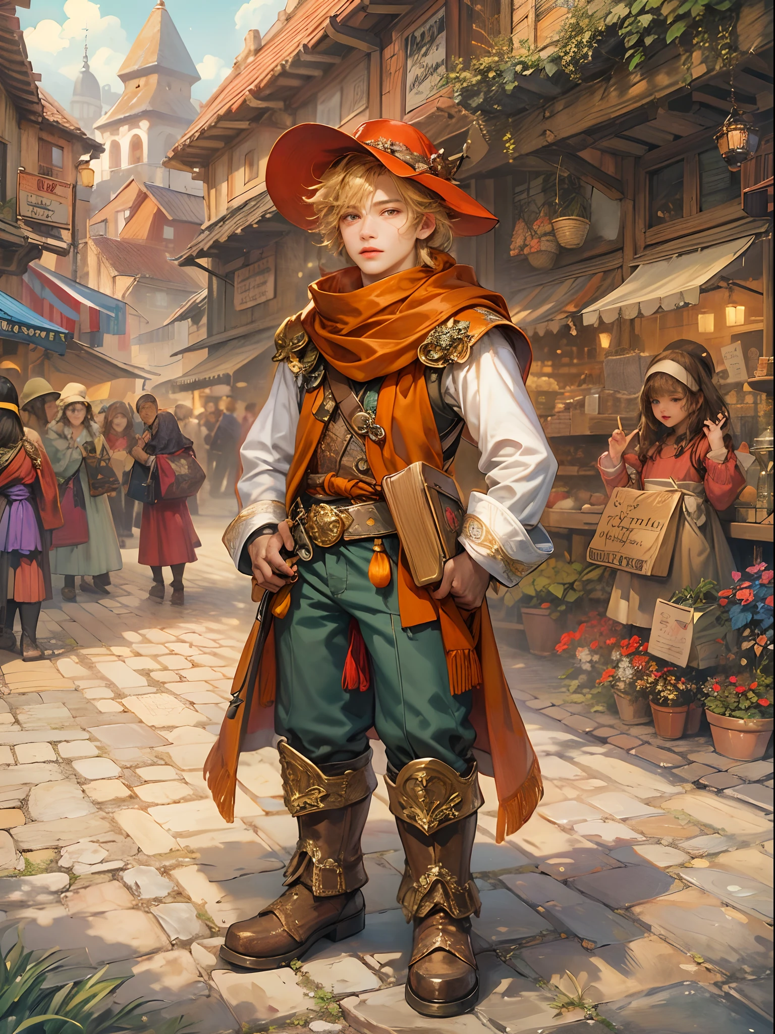 (absurdres, highres, ultra detailed, HDR), masterpiece, best quality, legend of mana character, handsome young hero wearing detailed red  hat, detailed face, handsome face, shiloh sightseeing to outside with refreshing crowd, wearing detailed muffler, strolling at the town of domina market , detailed character, detailed outdoor, detailed marketplace