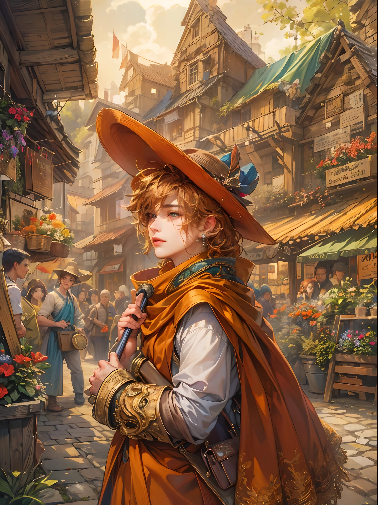 (absurdres, highres, ultra detailed, HDR), masterpiece, best quality, legend of mana character, handsome young hero wearing detailed red hat, detailed face, handsome face, shiloh sightseeing to outside with refreshing crowd, wearing detailed muffler, strolling at the town of domina market , detailed character, detailed outdoor, detailed marketplace